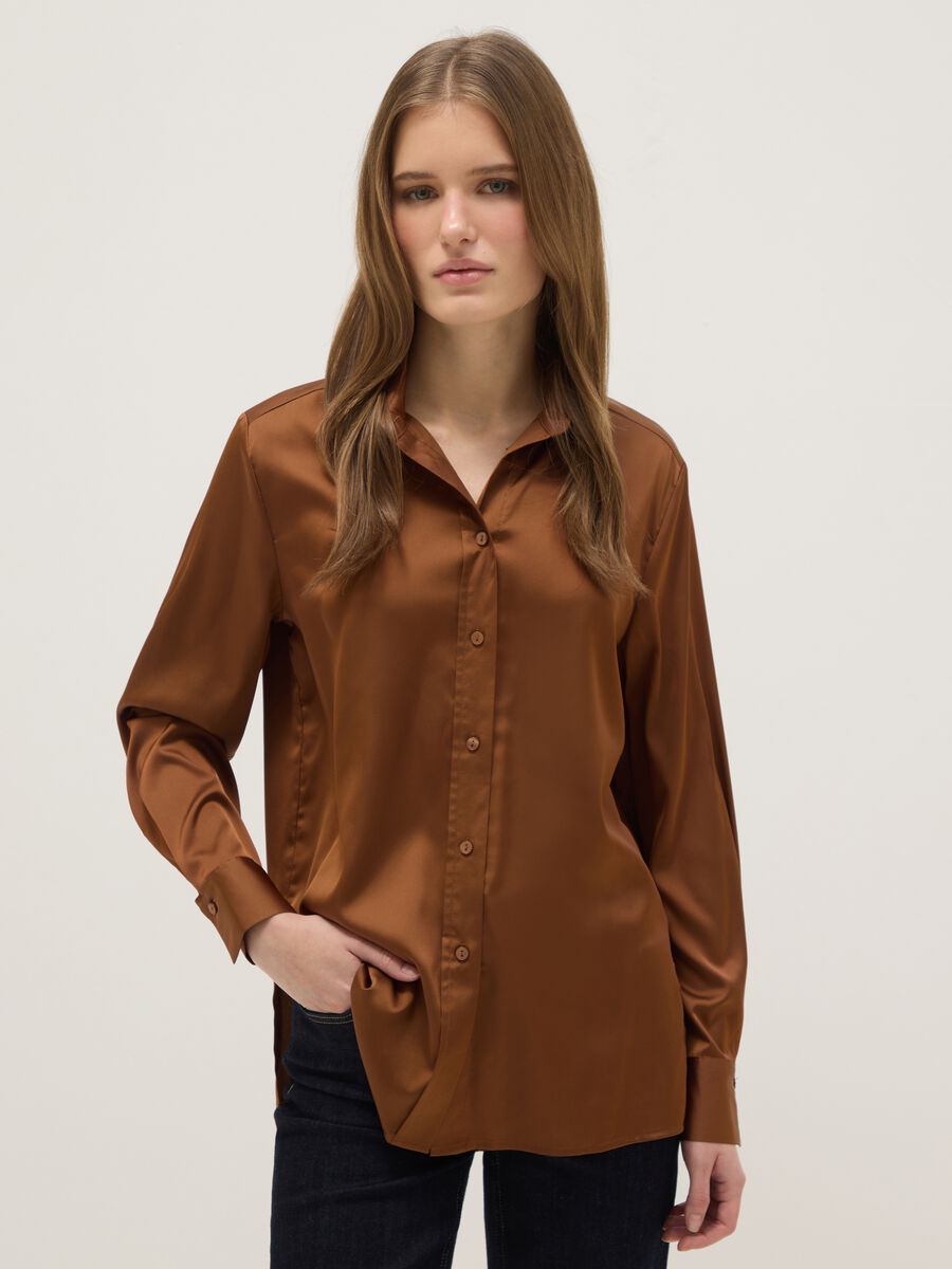 Brown Satin Regular Fit Shirt_0