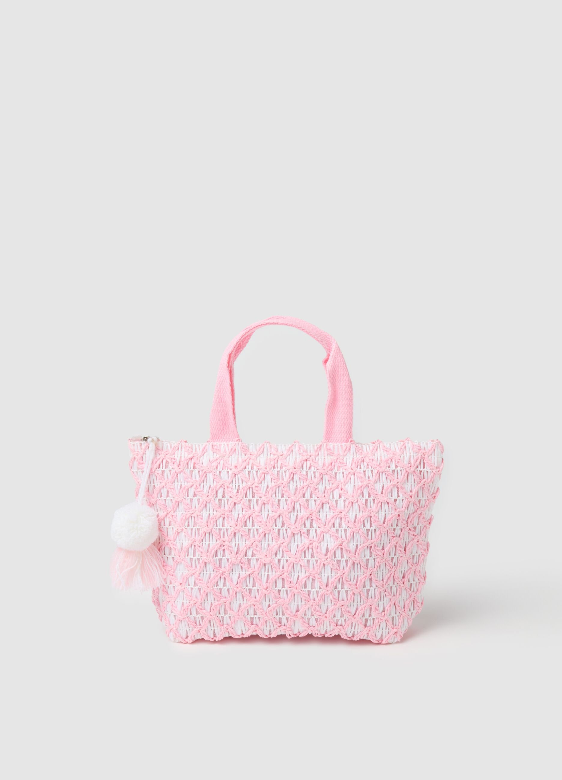 Pink and white raffia maxi bag