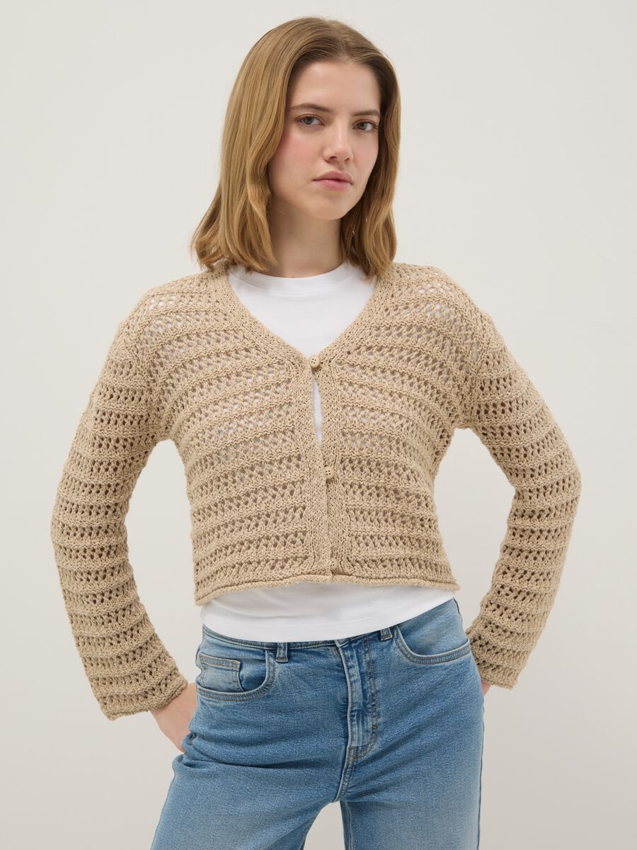 Beige pure cotton cardigan regular fit with openwork design_0