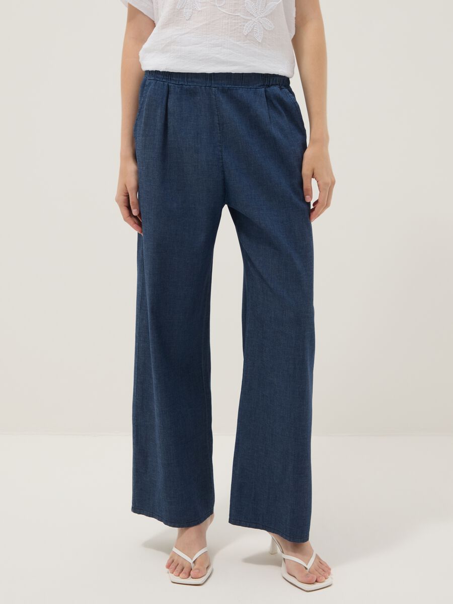 Pantaloni blu palazzo in cotone elasticizzato_1