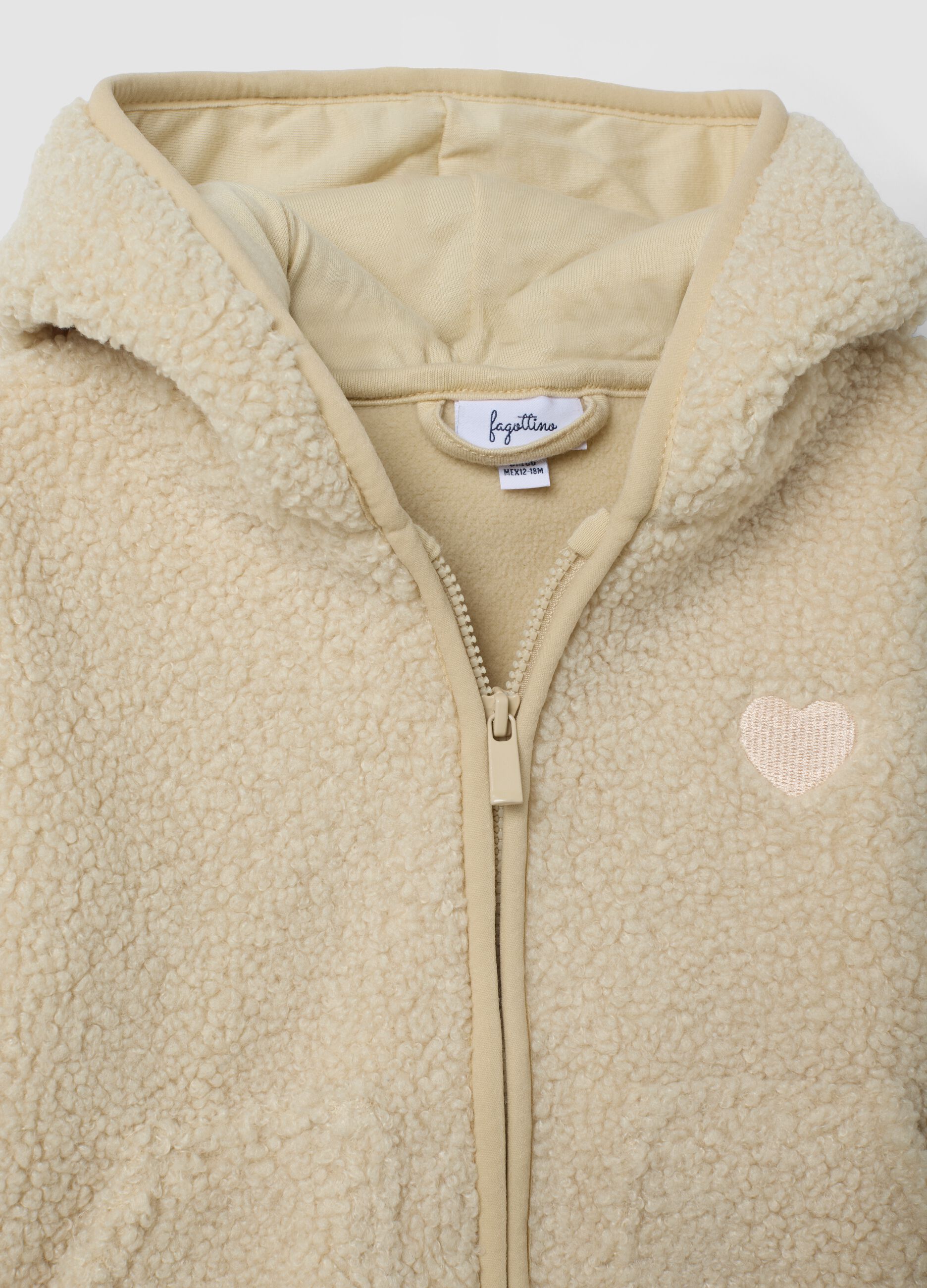 Beige hooded zip-up oversized jacket with teddy texture