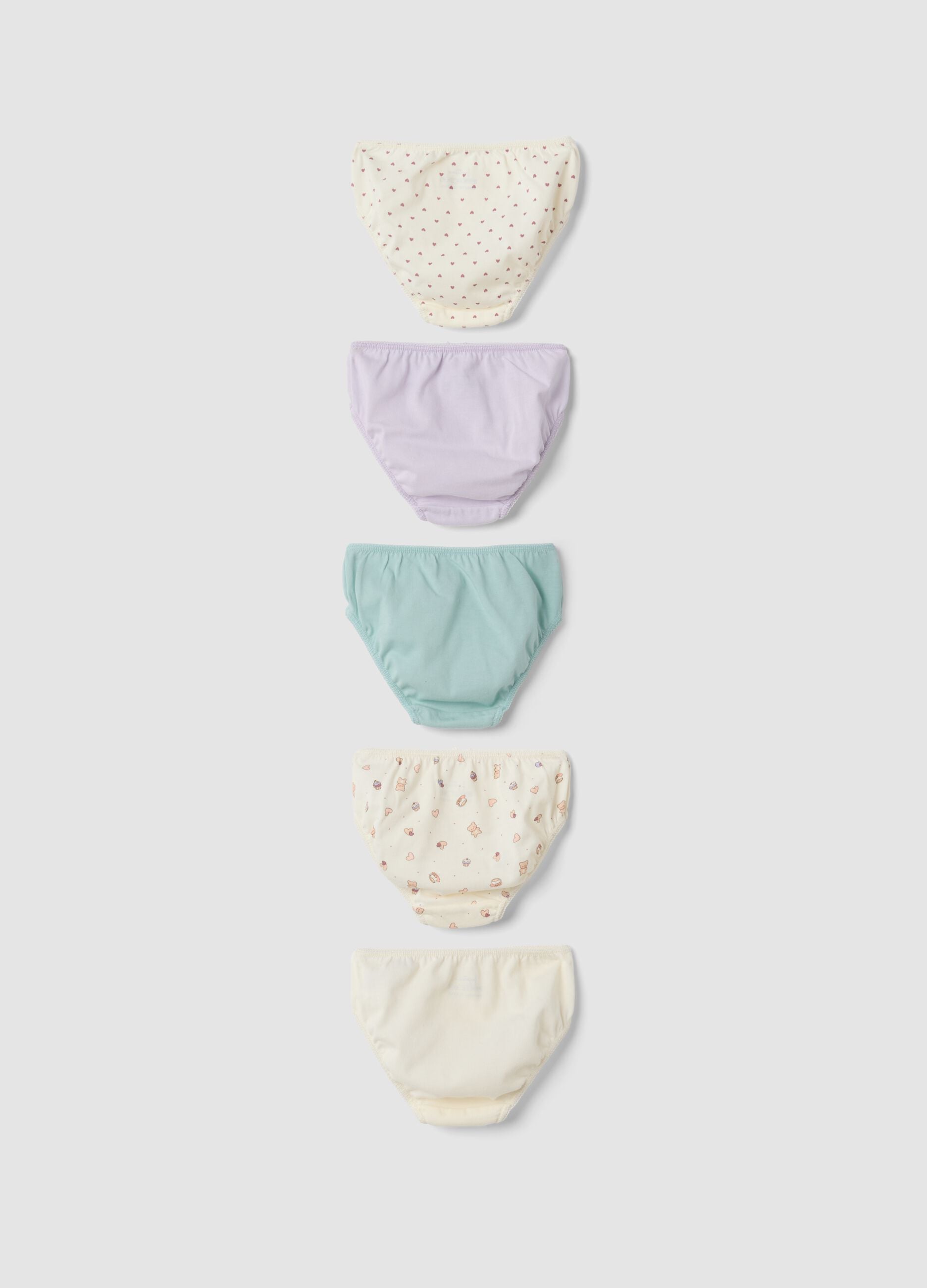 Pack of five multicolour briefs in pure organic cotton for baby girls and girls