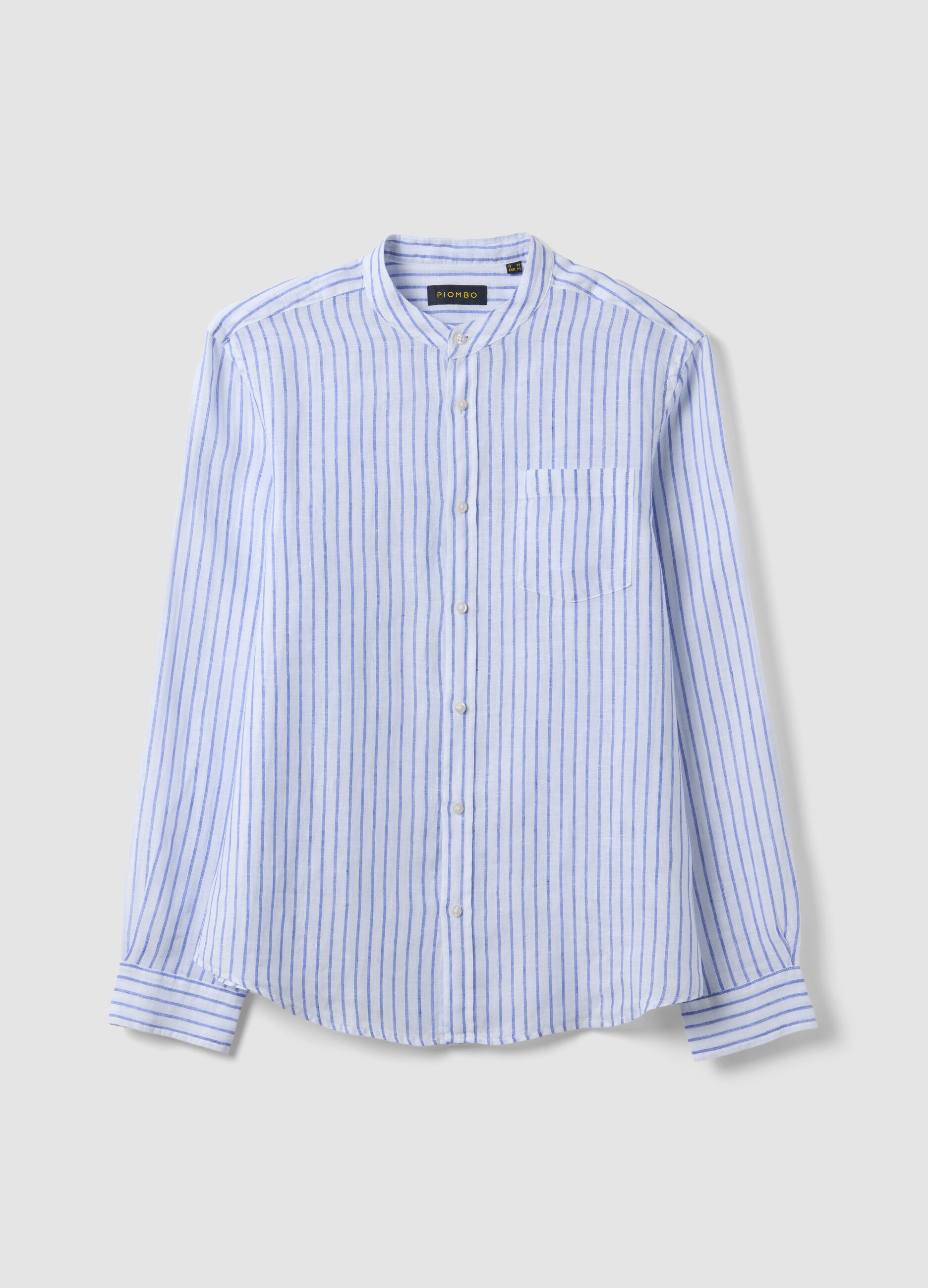 Light blue pure linen striped shirt with mandarin collar, regular fit