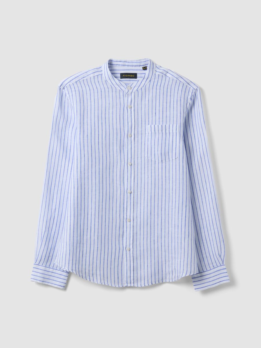 Camicia azzurra in puro lino a righe con collo coreano regular fit_4