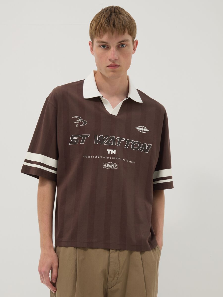 Brown pure cotton polo shirt with classic collar_0