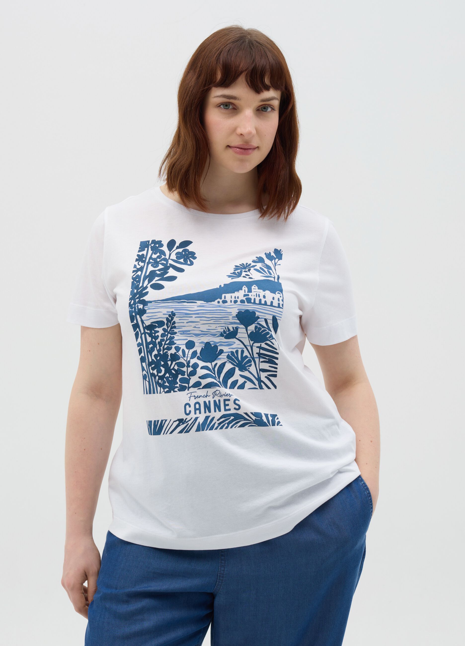 White T-shirt with blue Cannes print