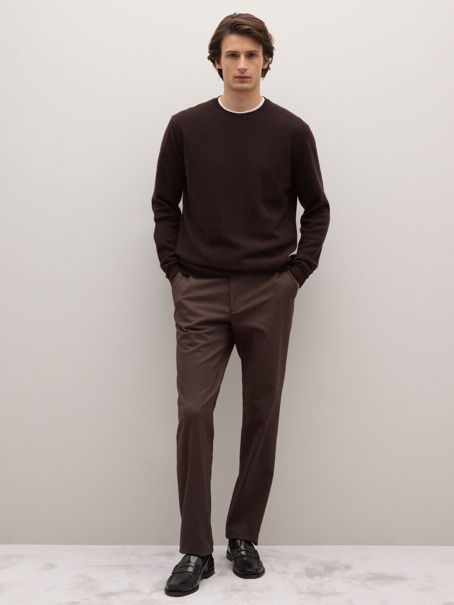 Brown Stretch Cotton Slim Fit Trousers_0