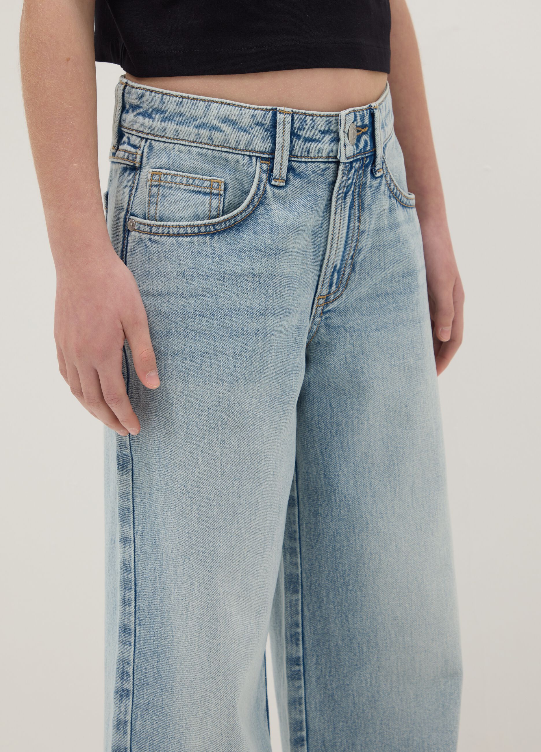 Girls' sky blue pure cotton wide leg jeans