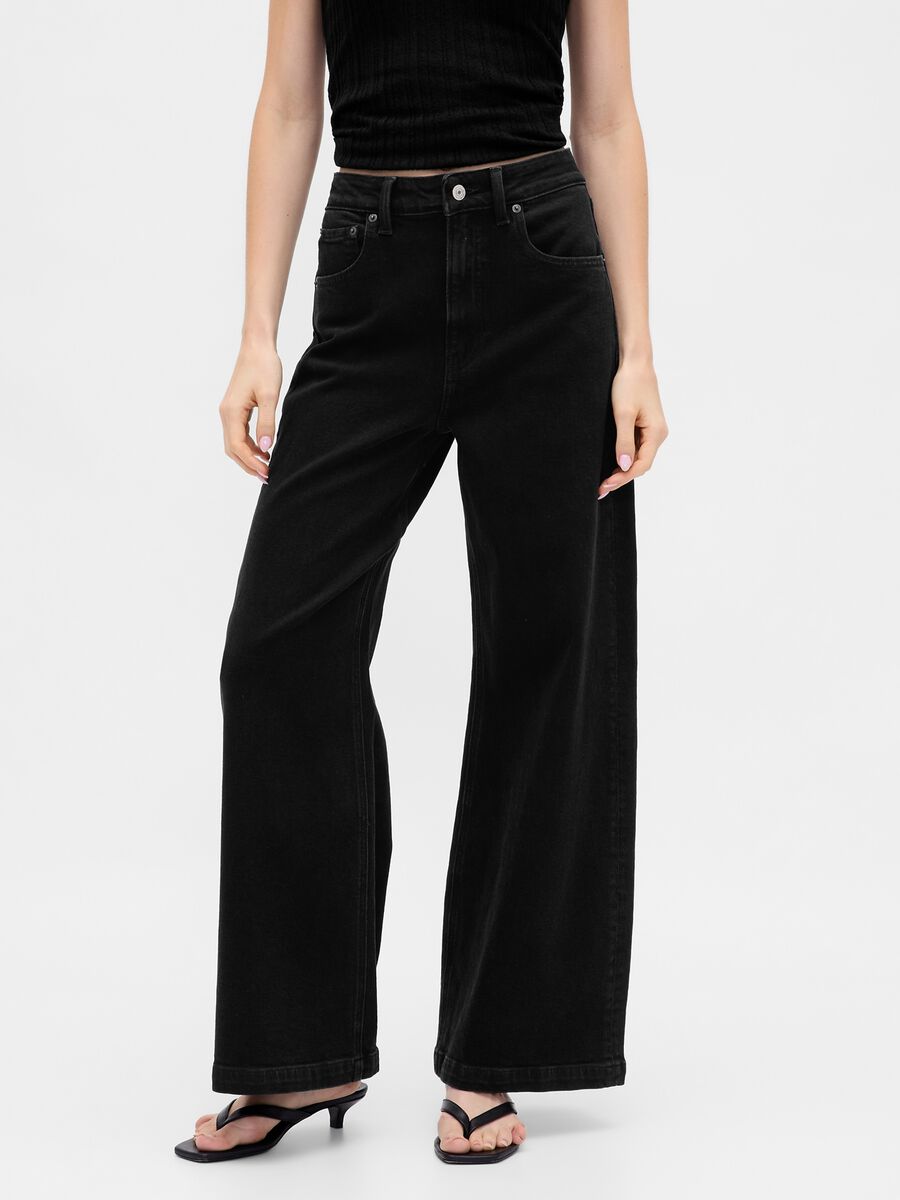 Black wide leg stretch cotton trousers_1