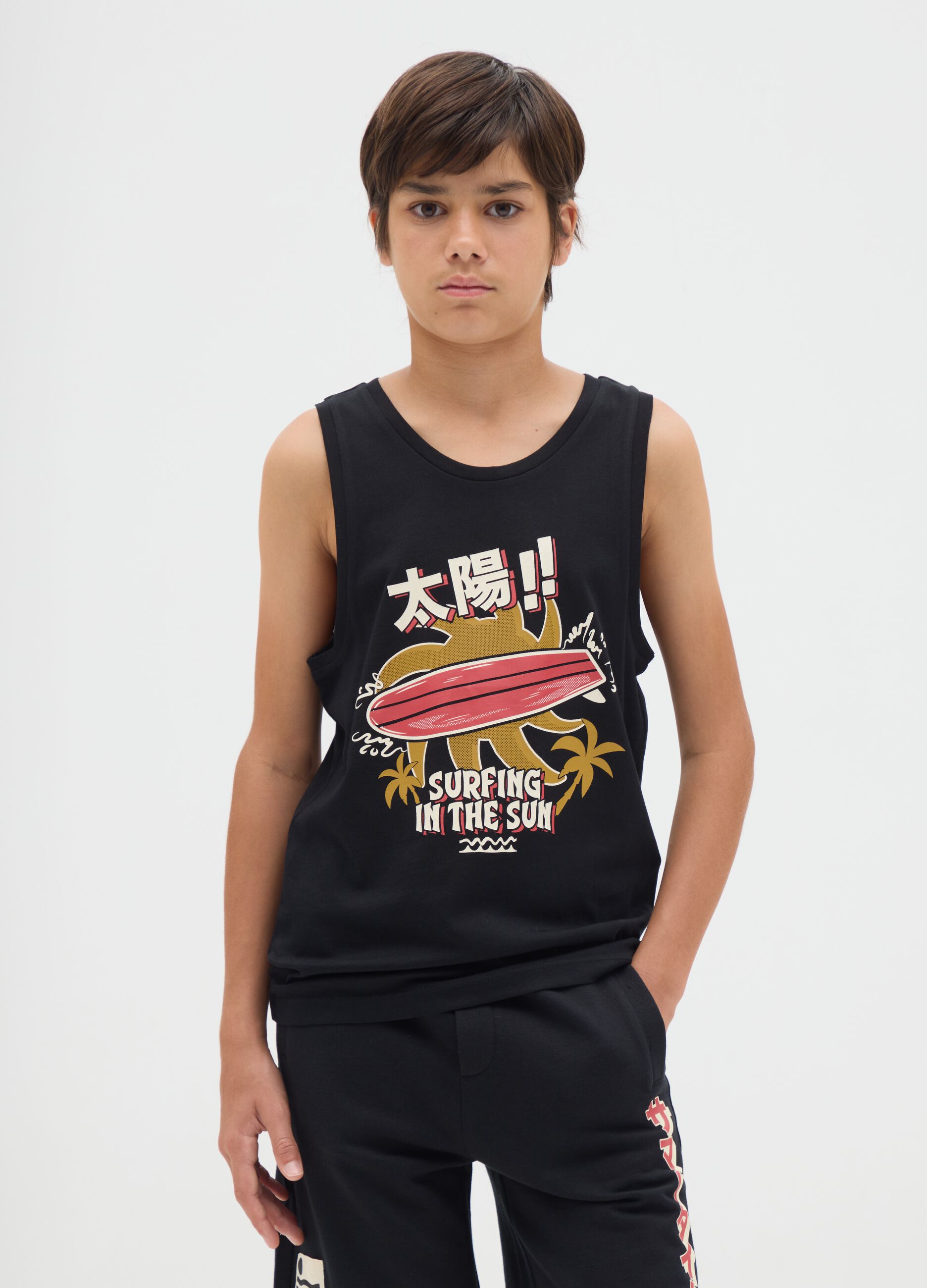 Boys' black cotton vest regular fit
