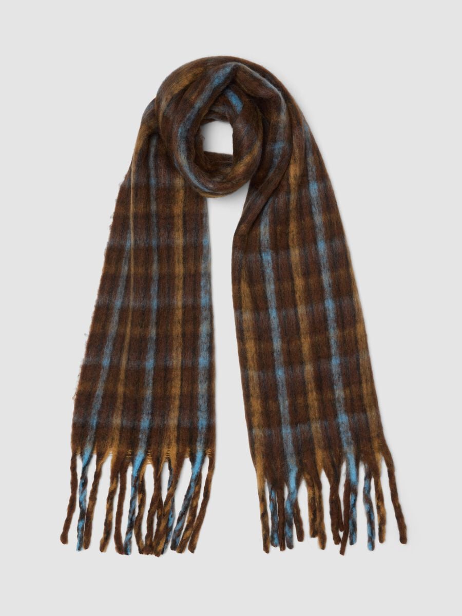 Brown checked scarf with fringes_0