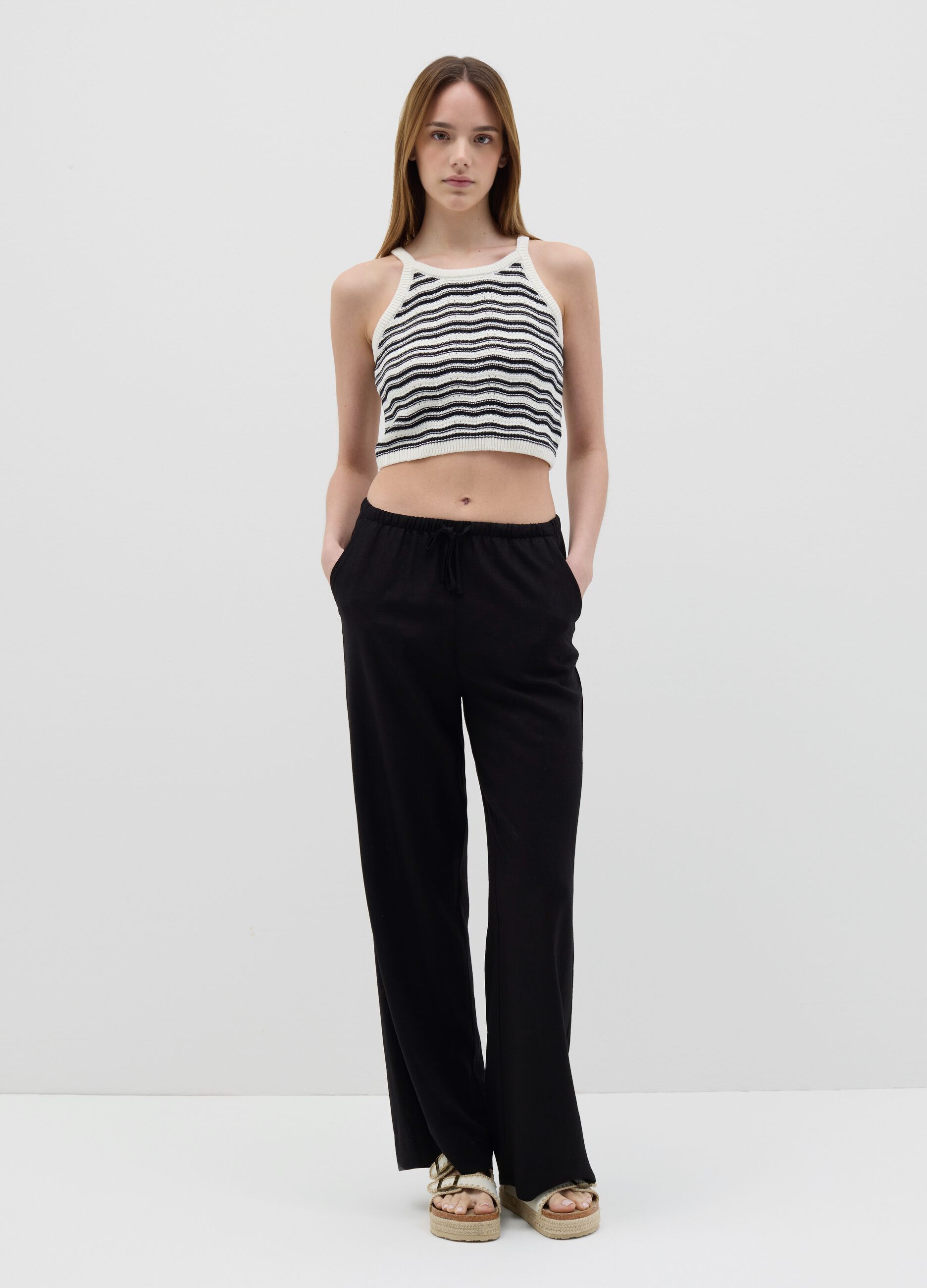 White and black striped cotton knit cropped top