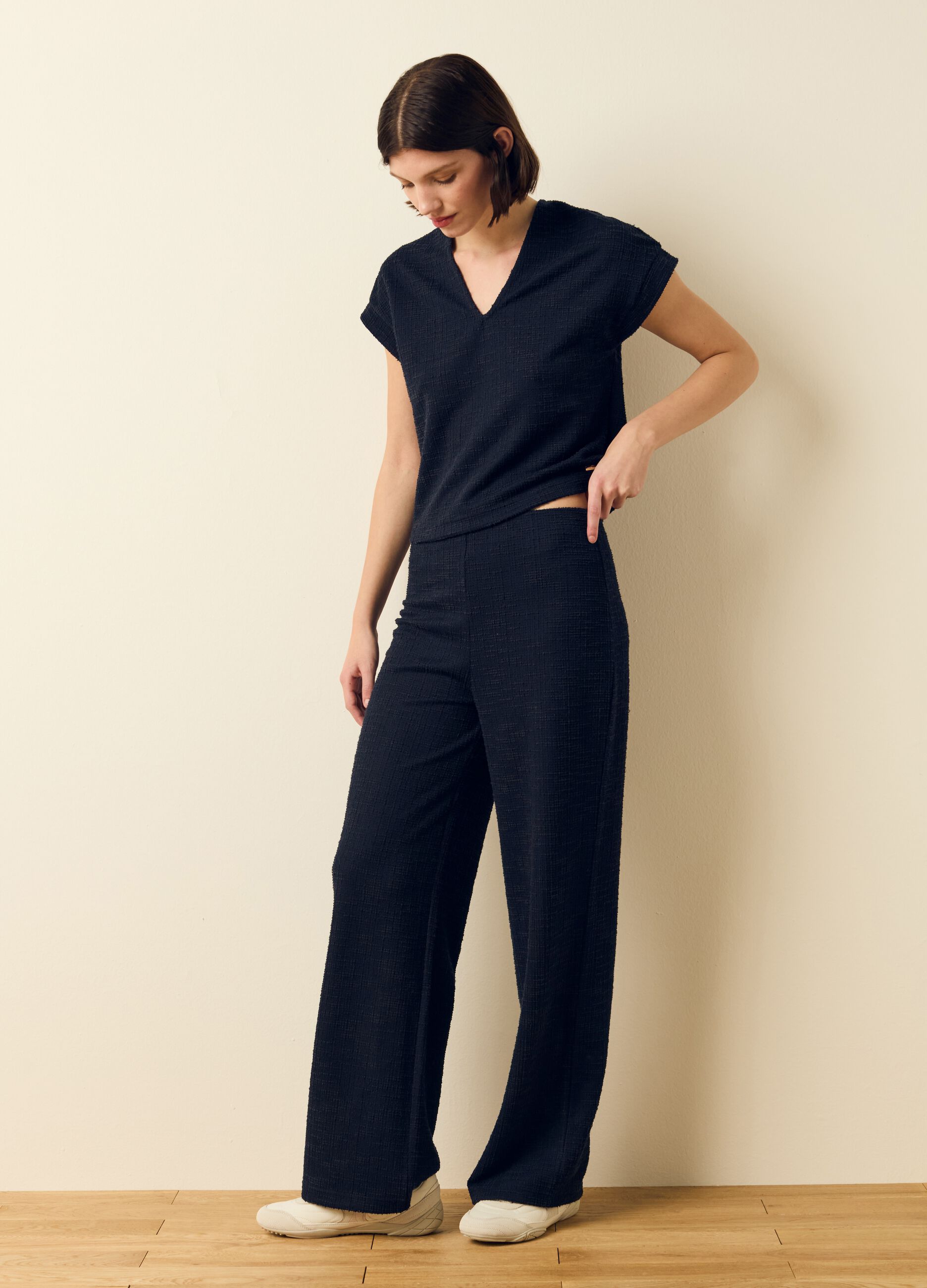 Woven T-shirt with kimono sleeves