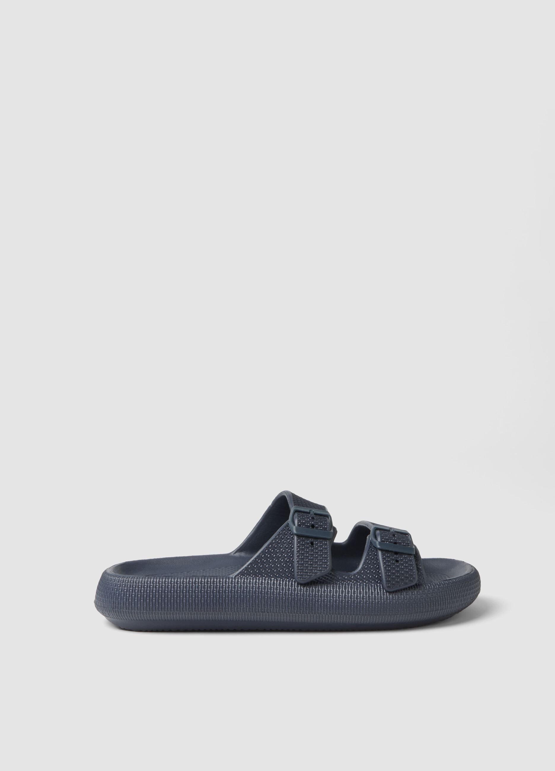 Blue double-buckle slides