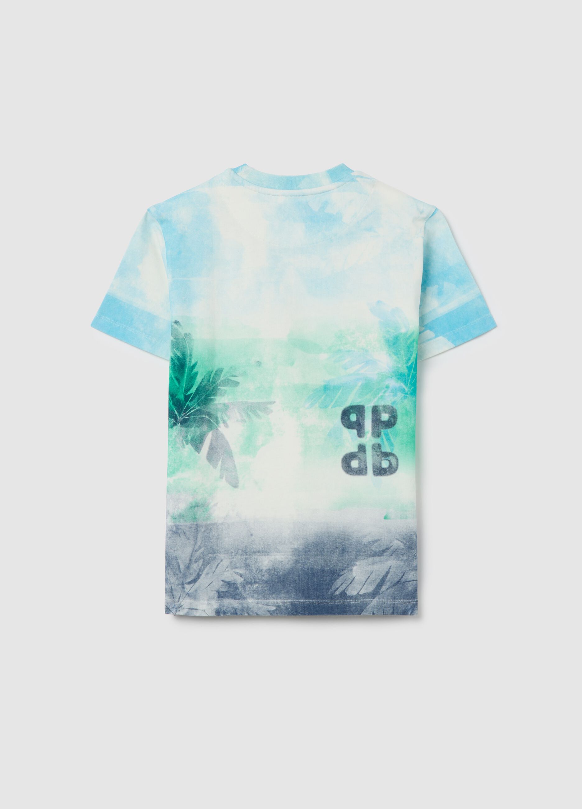 Light blue and blue dip-dye T-shirt with logo and palms print