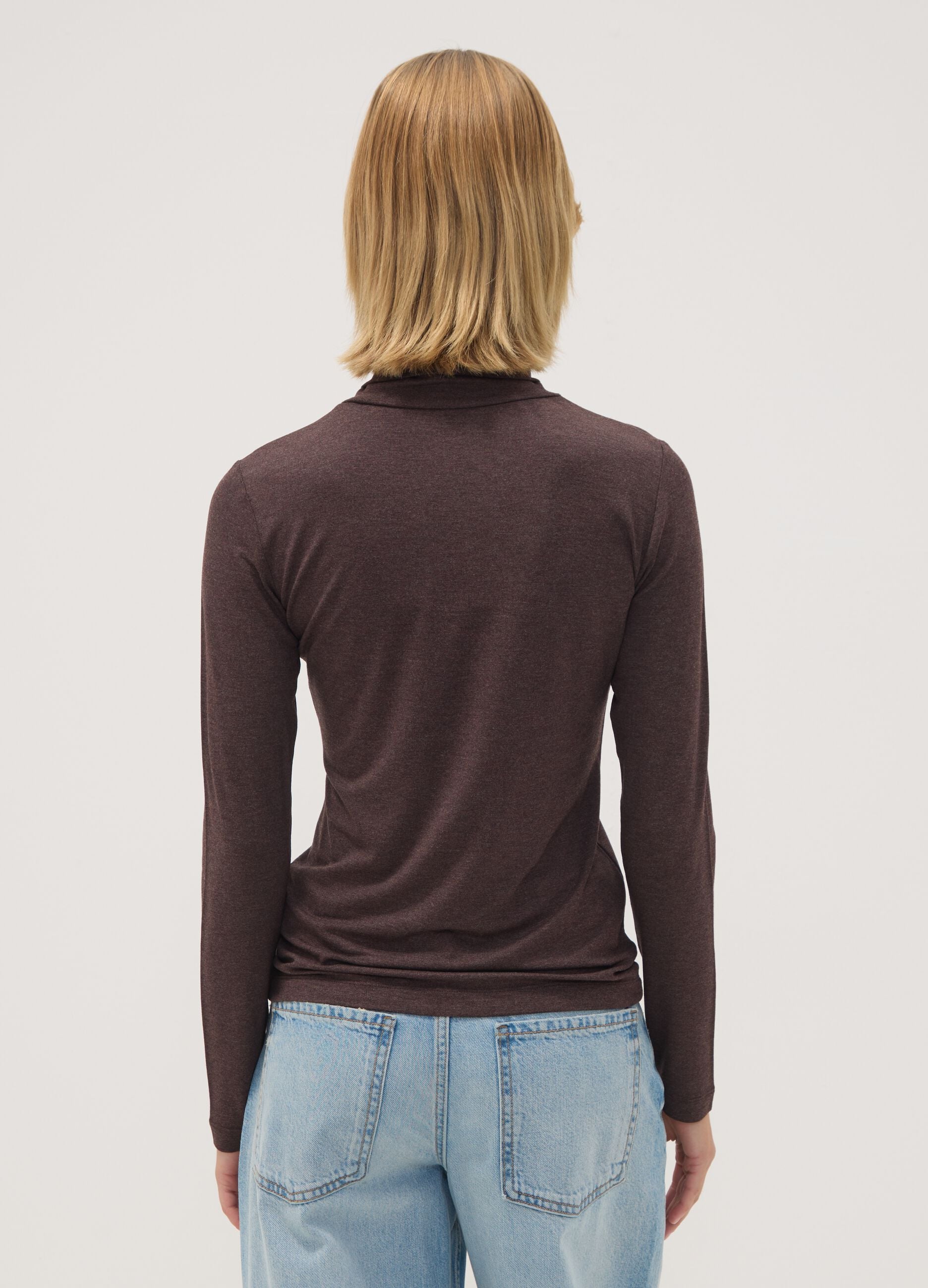 Brown stretch viscose top with mock neck, regular fit