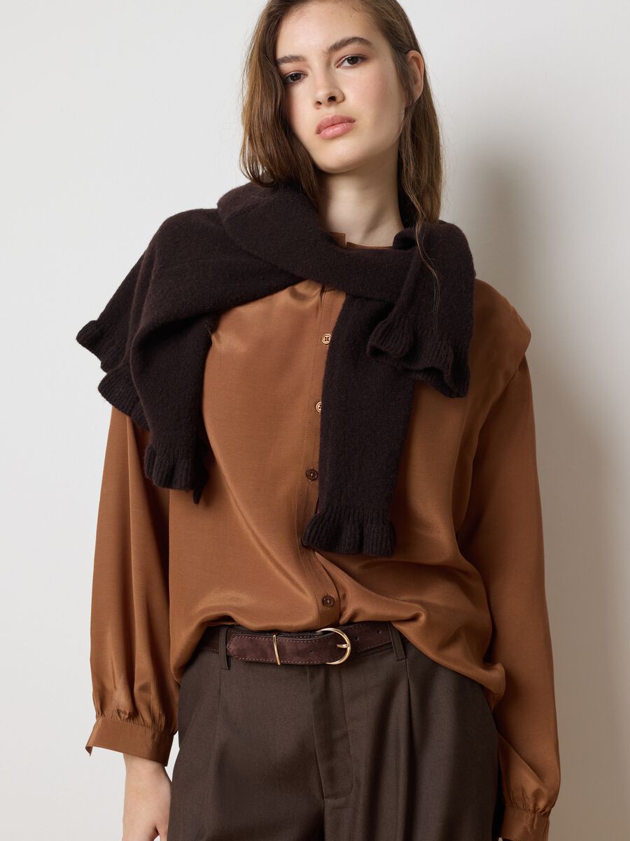 Brown long sleeve regular fit shirt with mandarin collar_1