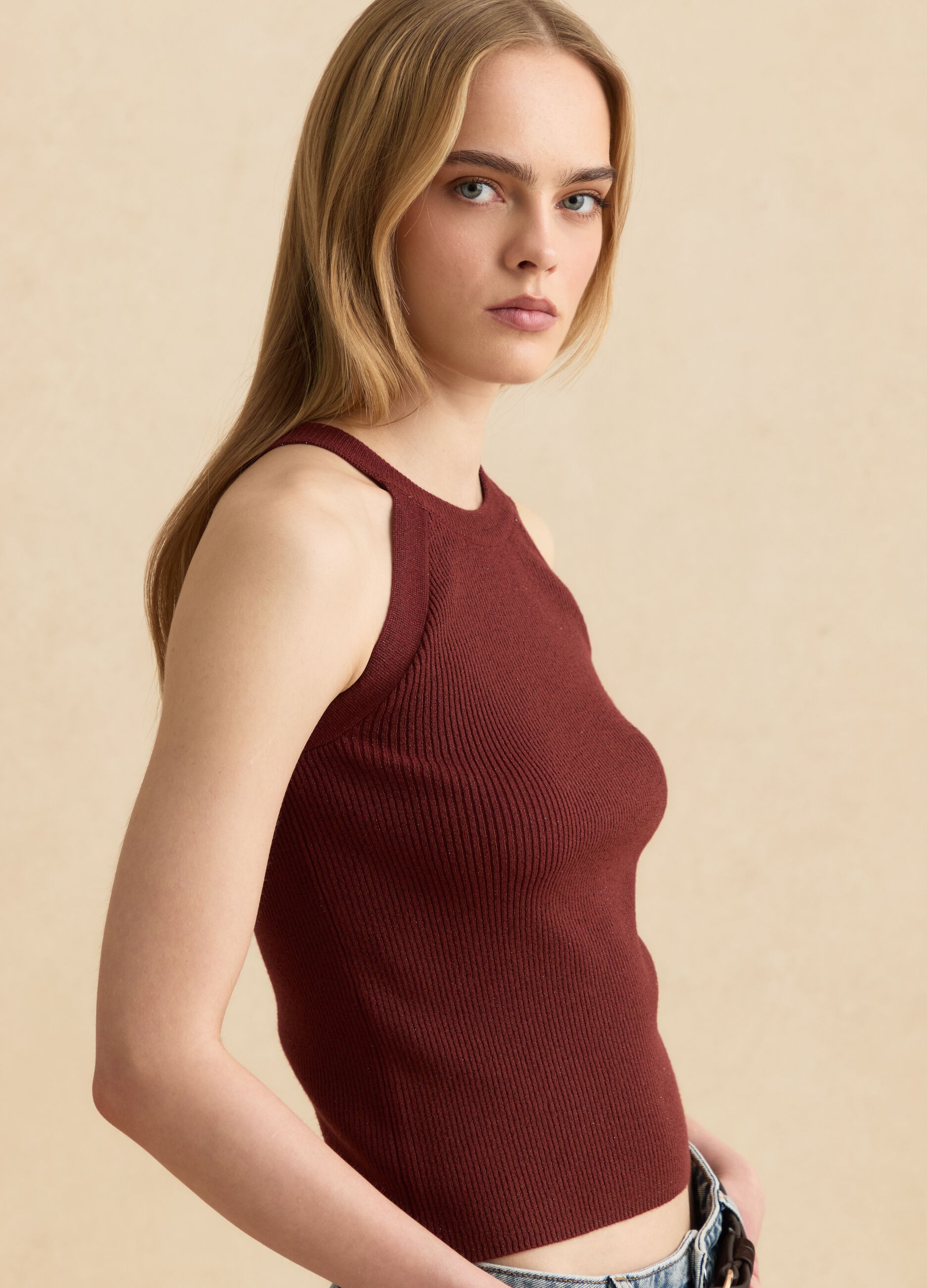 Fitted red viscose blend tank top