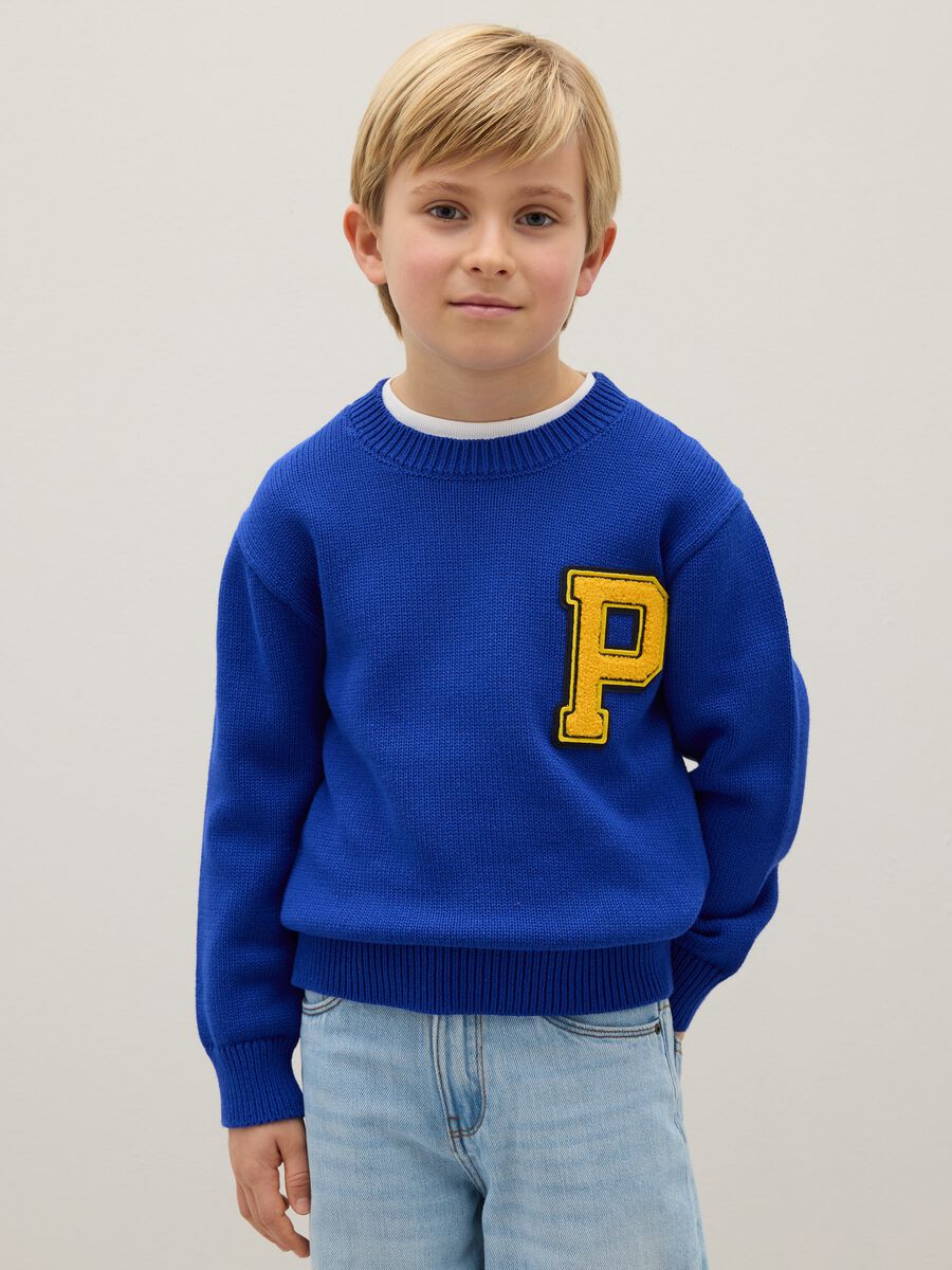 Maglione da ragazzo in puro cotone blu regular fit_0