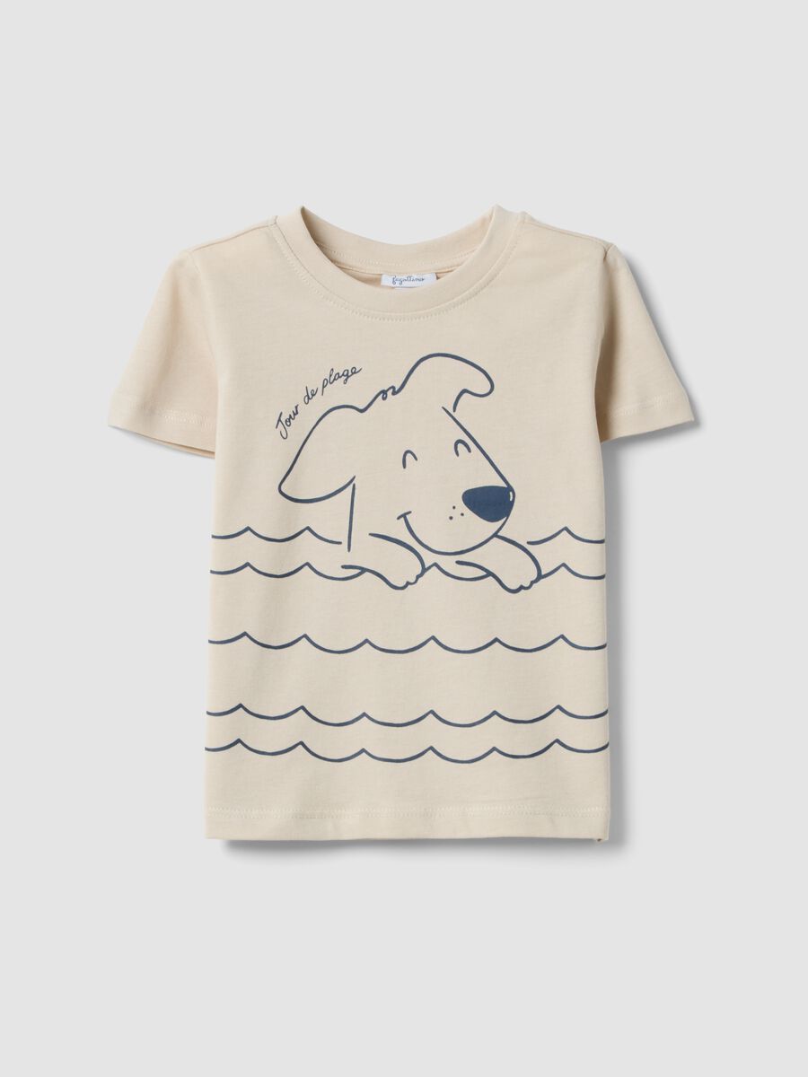 T-shirt in puro cotone beige da bimbo regular fit con stampa cane_0