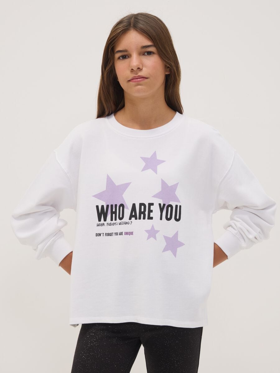 White 100% cotton sweatshirt with ribbed neck and print for girls_0