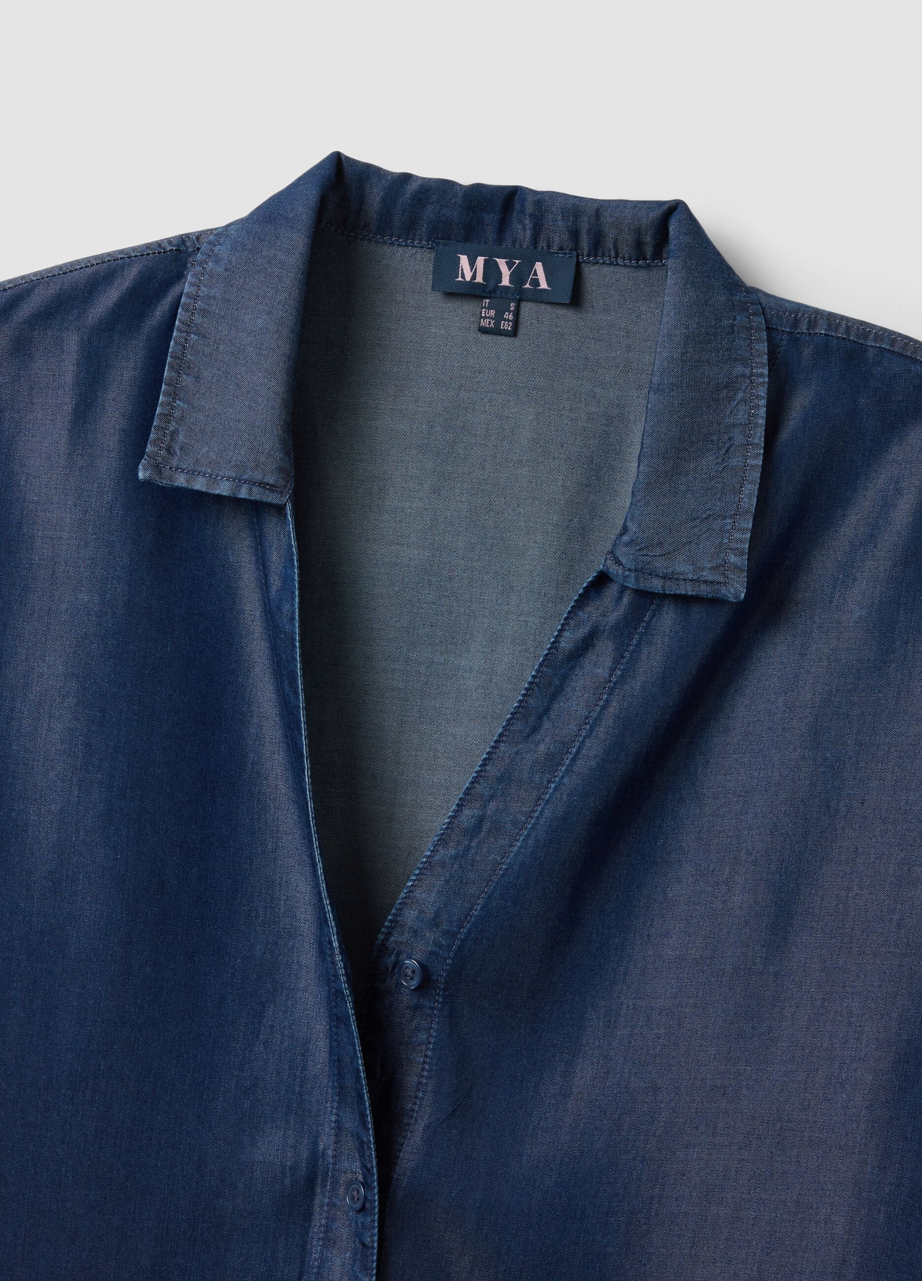 Camicia blu in puro lyocell a maniche corte regular fit