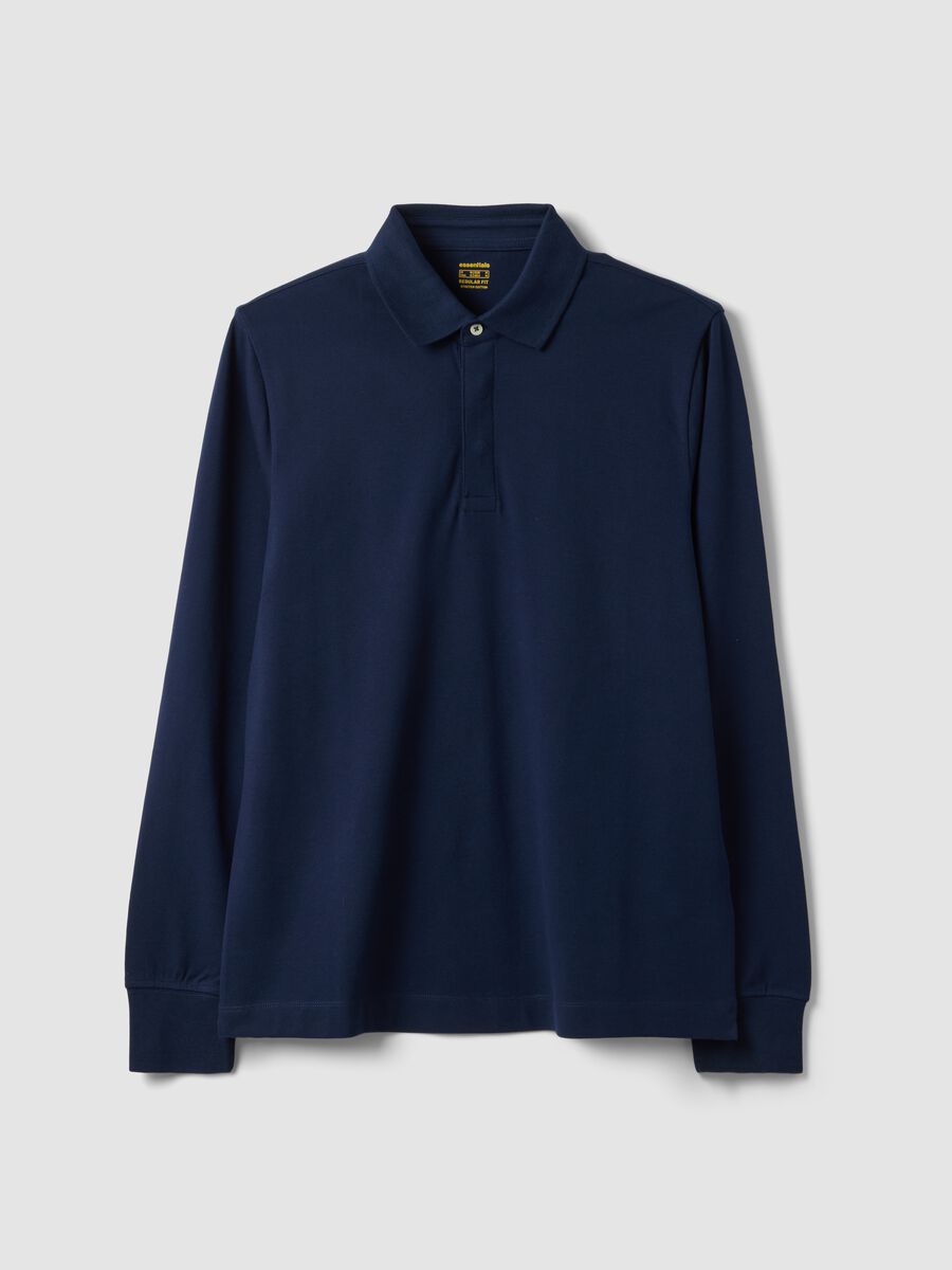 Polo blu in cotone elasticizzato a maniche lunghe regular fit_4