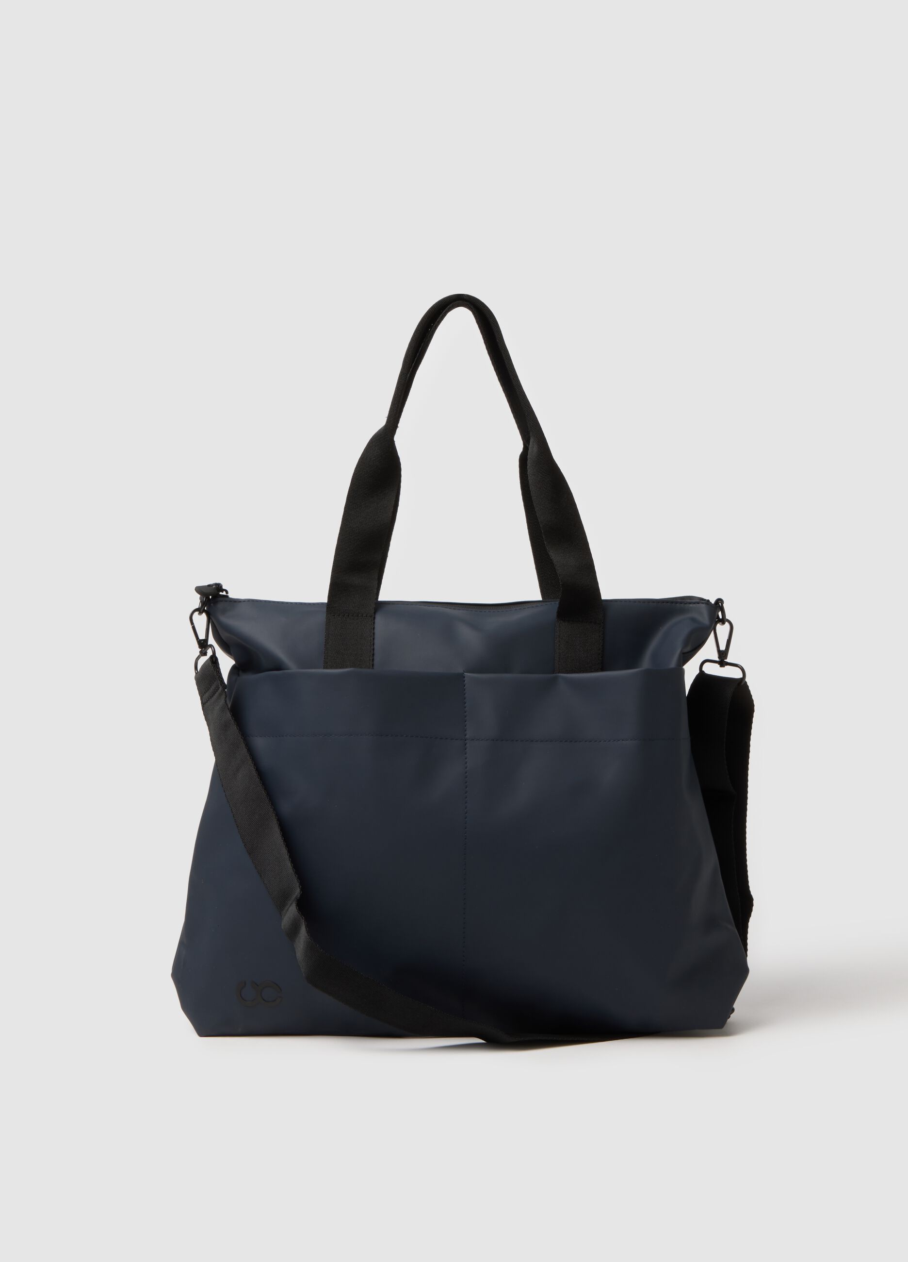 Blue shopper bag with multiple compartments and adjustable shoulder strap