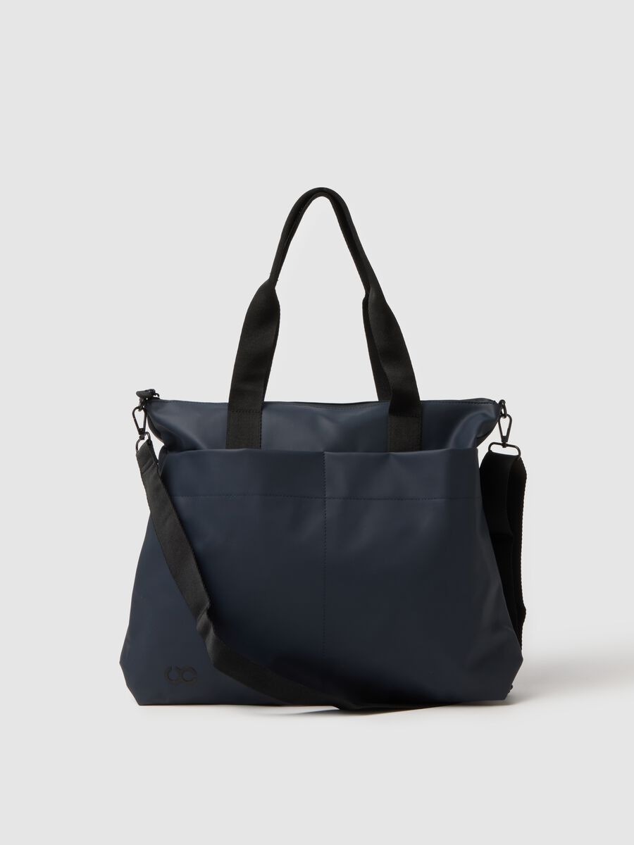 Blue shopper bag with multiple compartments and adjustable shoulder strap_1