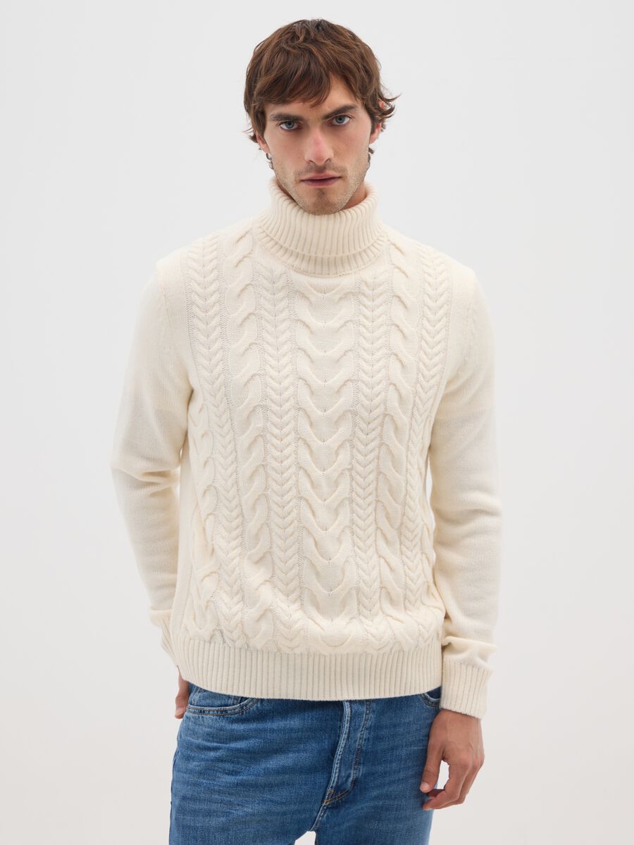 Beige Regular Fit Roll Neck Jumper with Jacquard Pattern_0