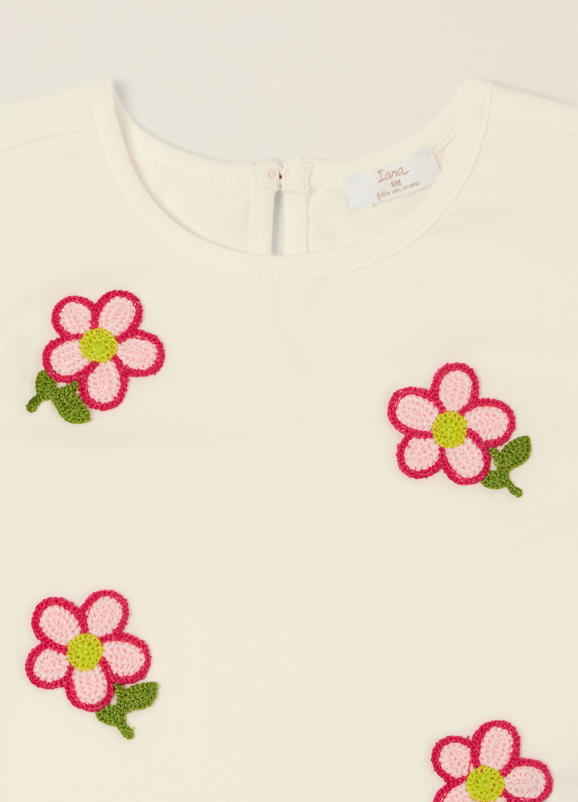 White stretch cotton baby girl T-shirt with embroidered flowers
