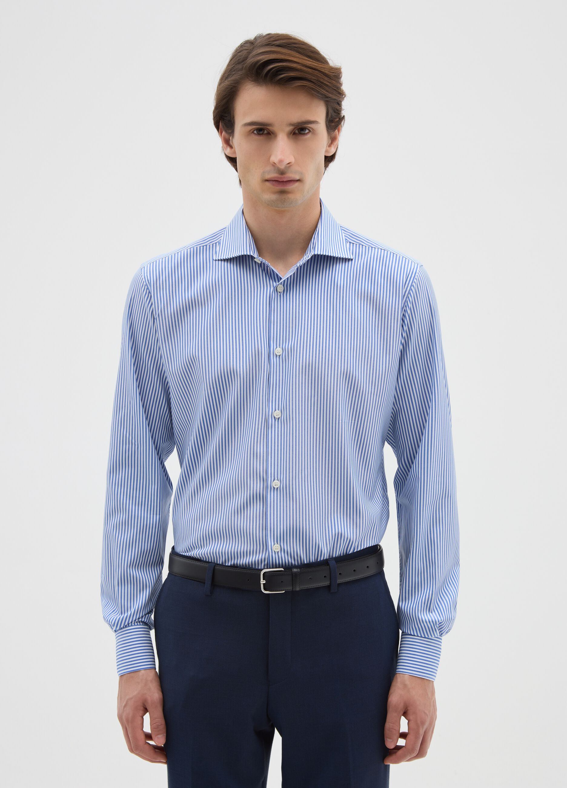 Slim Blue Striped Shirt with French Collar and Buttons