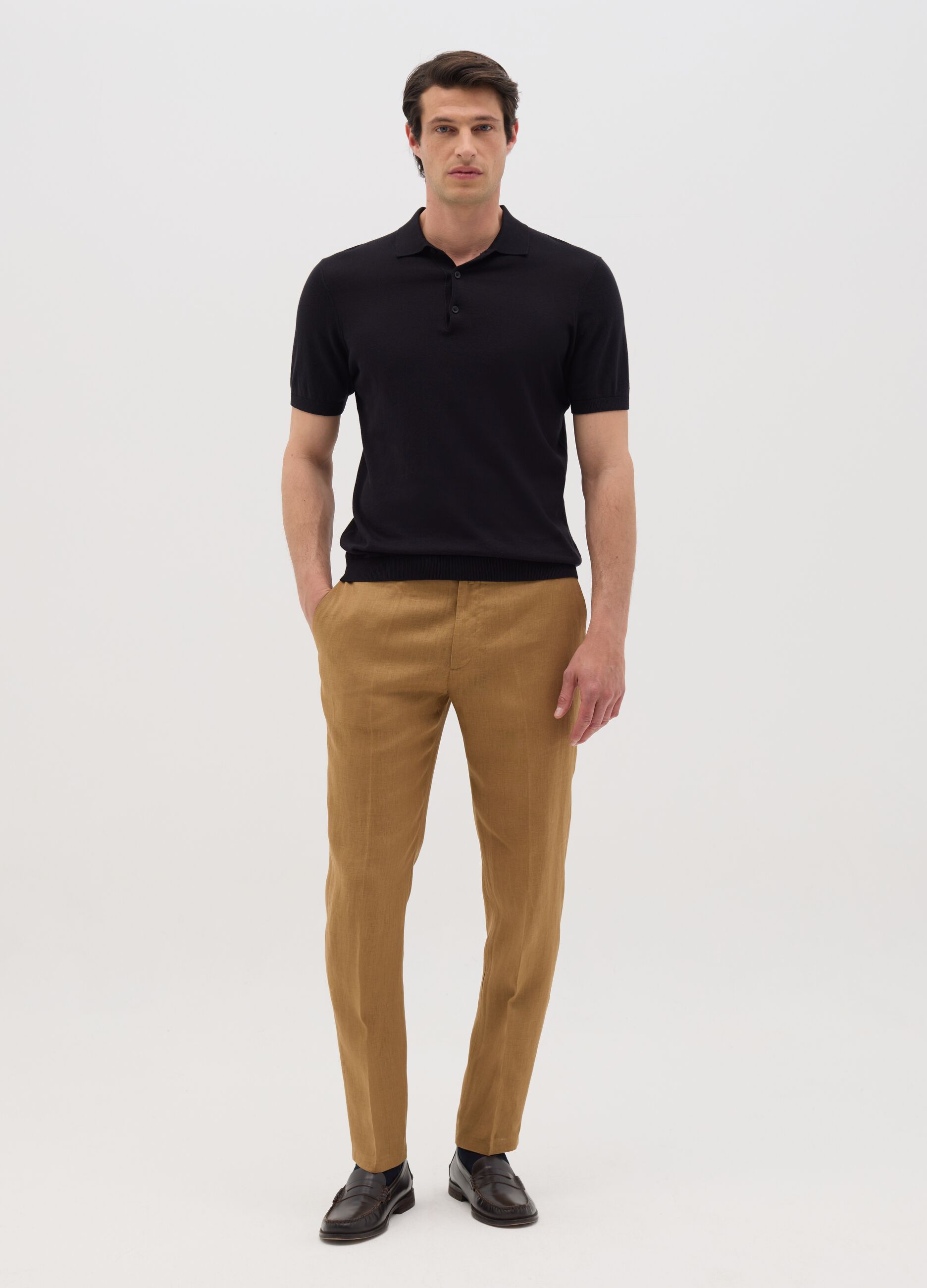 Pantaloni da uomo in puro lino marrone slim fit