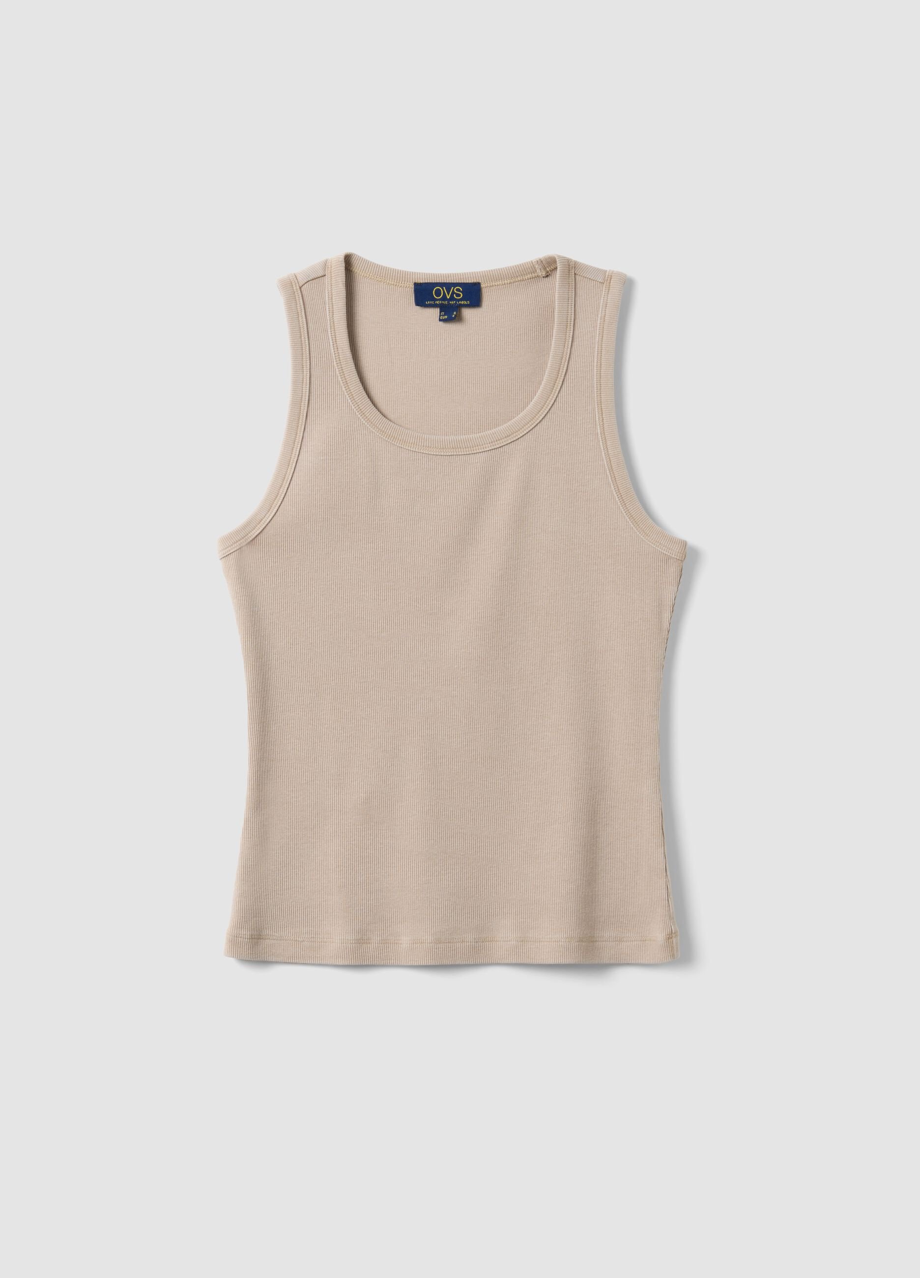 Beige stretch cotton vest top, regular fit