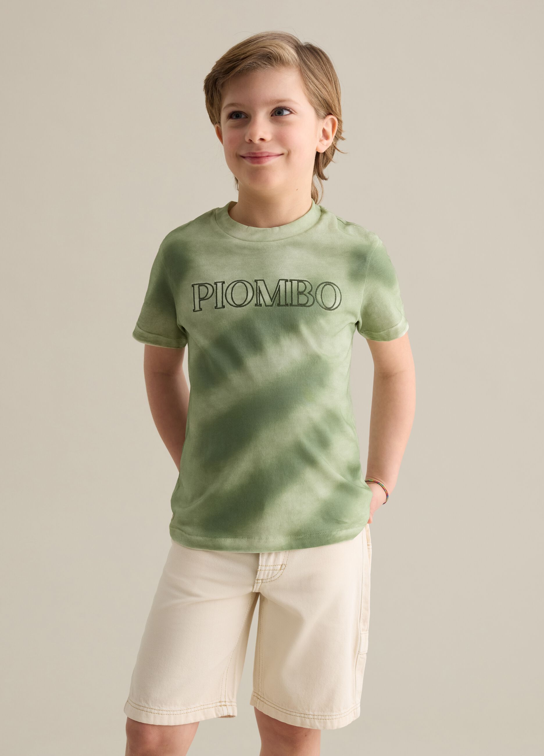 Green cotton T-shirt with logo embroidery