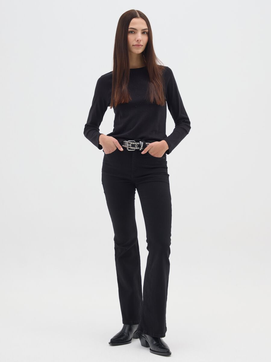 Black long sleeve shirt in pure cotton regular fit with rhinestones_1