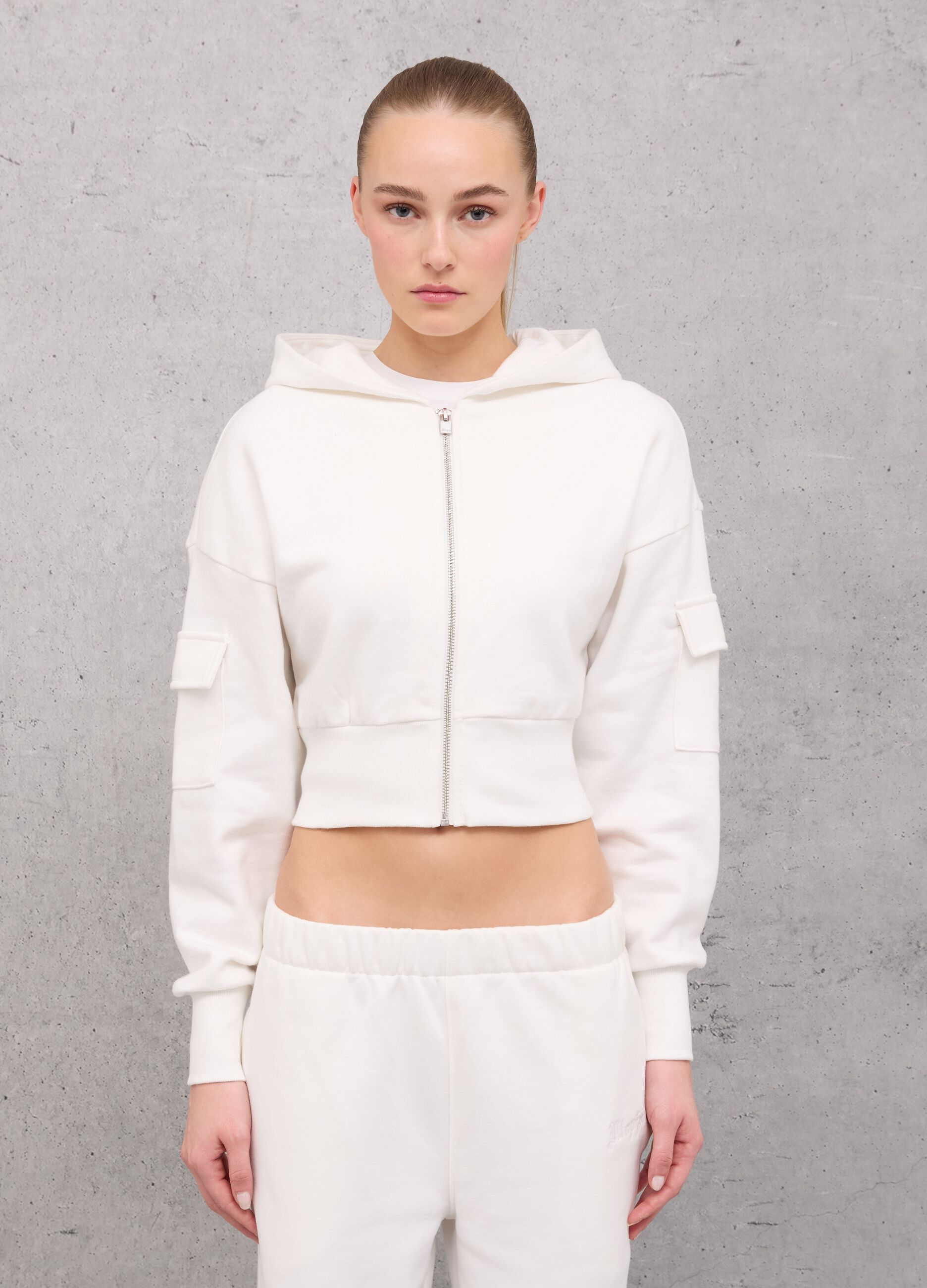 Crop Cargo Zip Hoodie White