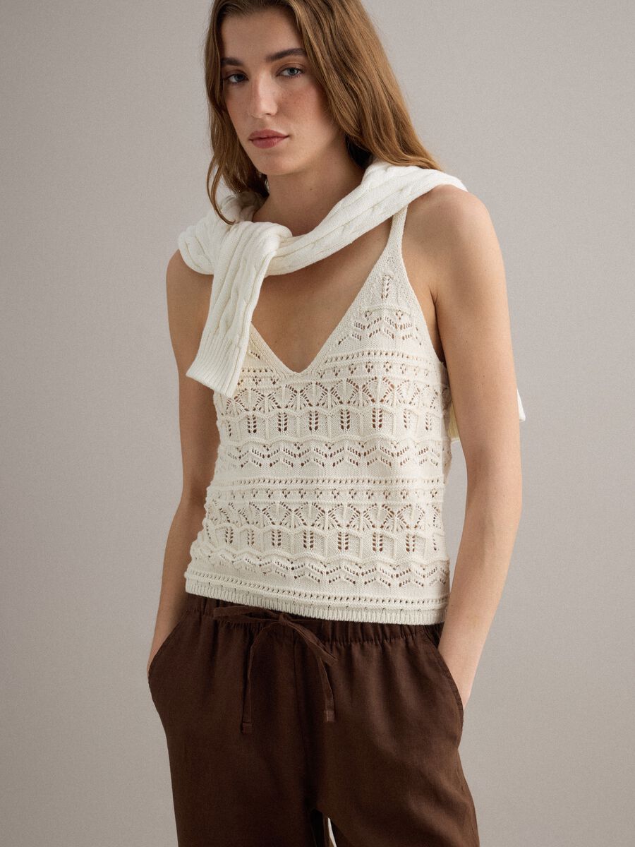 Canotta in puro cotone bianca regular fit con lavorazione a maglia_0