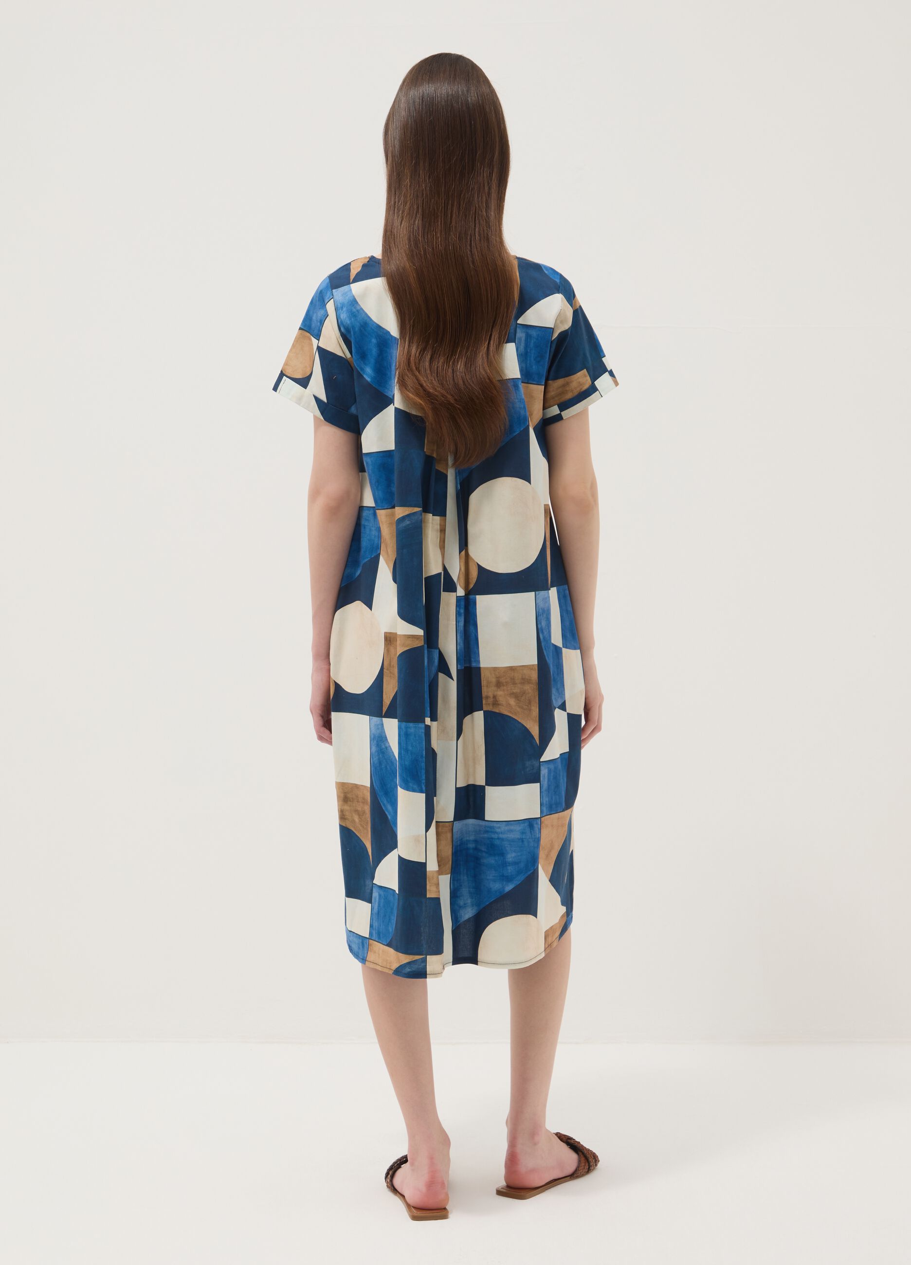 Multicolour stretch cotton midi dress with geometric print