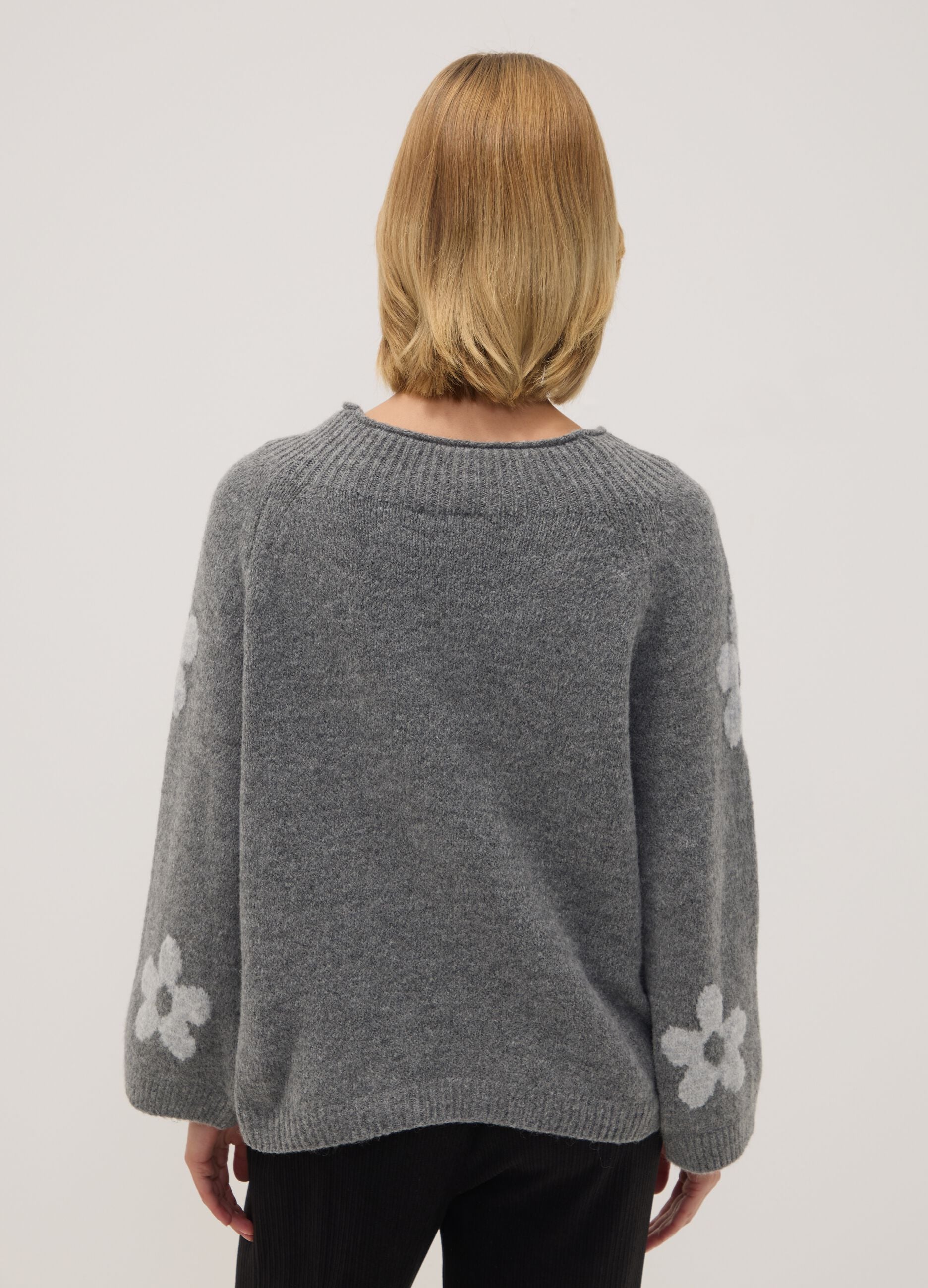 Grey wool-blend jumper with floral pattern, regular fit