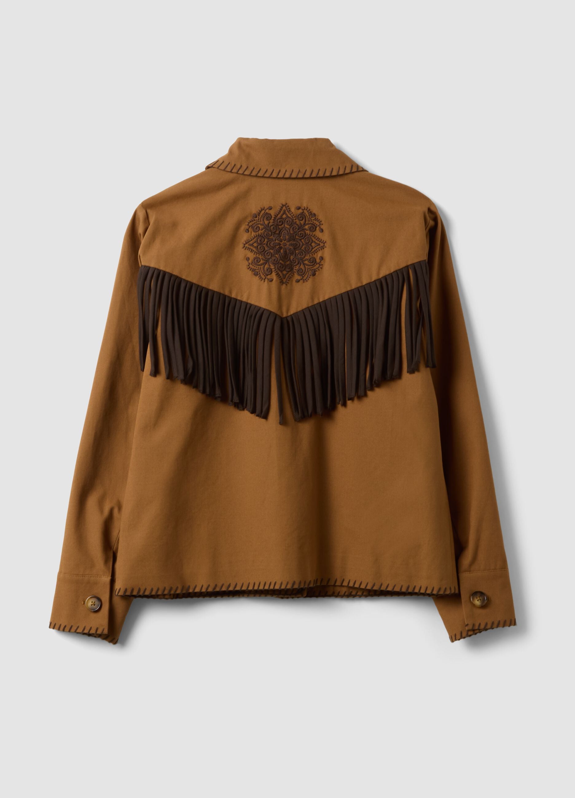 Brown pure cotton fringed shacket, regular fit