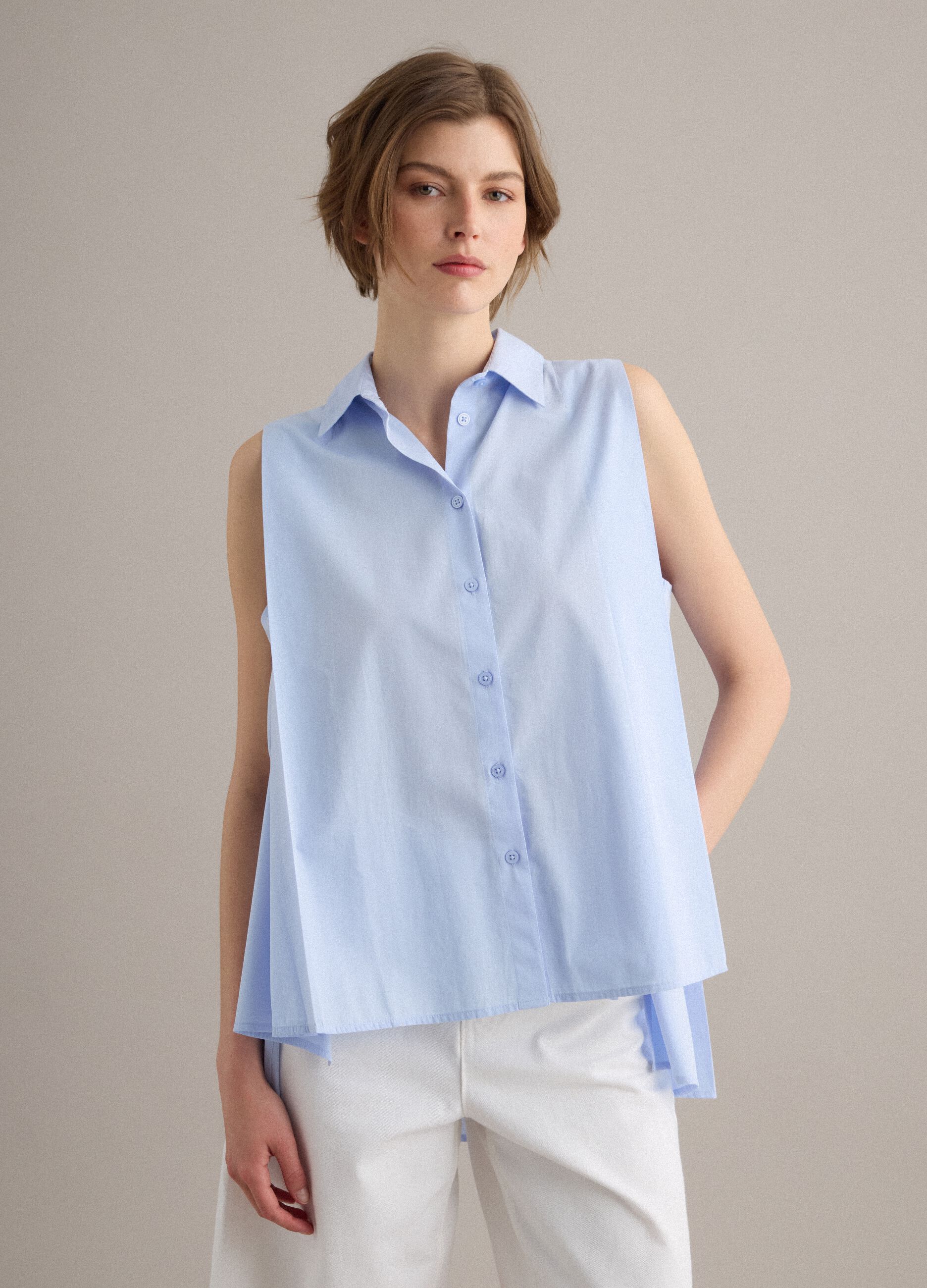 Sleeveless light-blue pure cotton shirt
