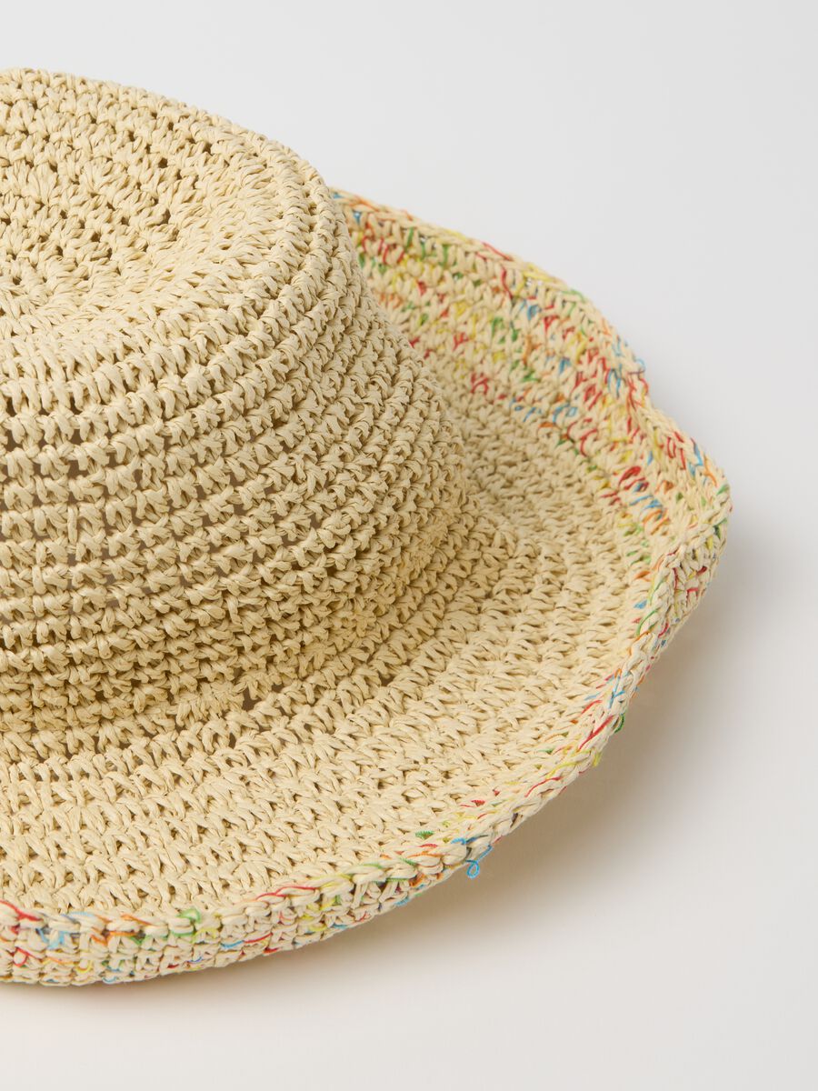 Cappello in rafia con inserti multicolore beige_2