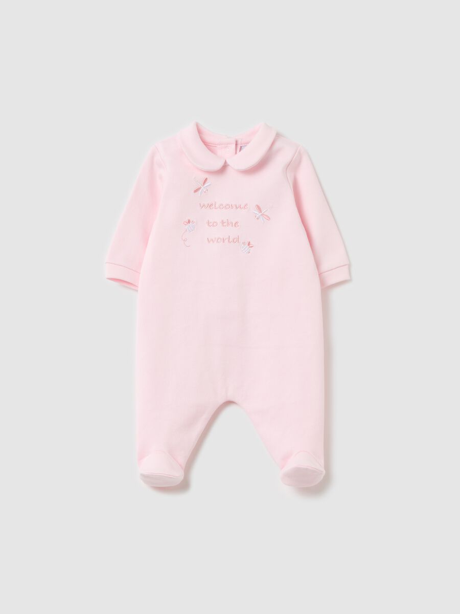 Cotton onesie with feet and "Welcome to the World" embroidery_0