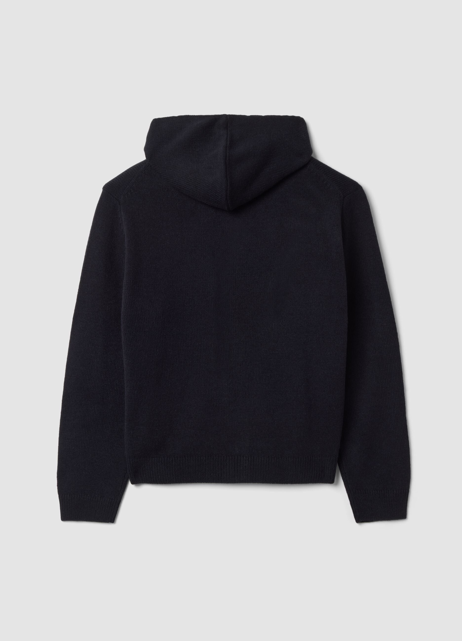 Navy blue hoodie with wool-blend collar and oversized hood