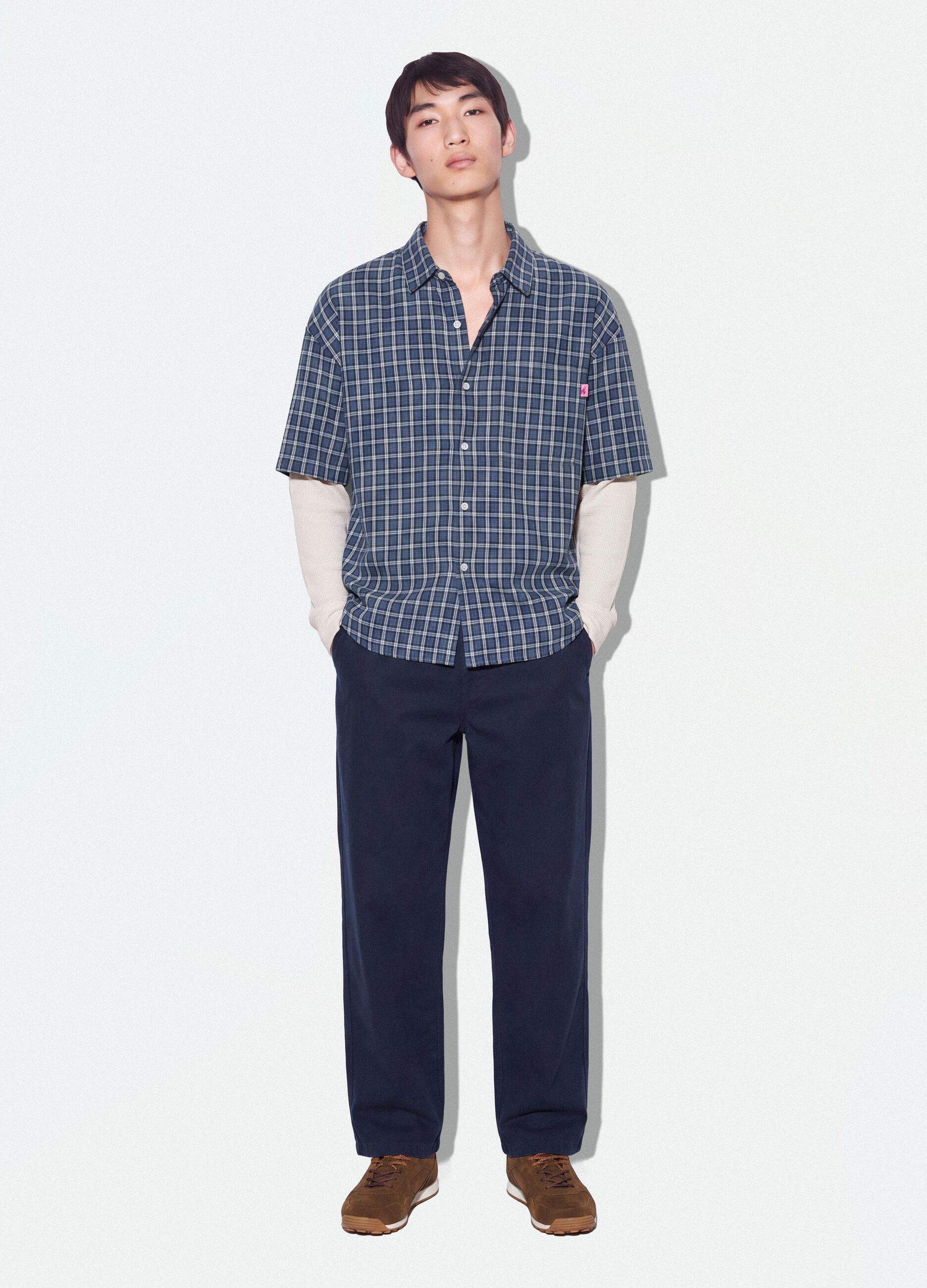 Blue cropped pure cotton checked shirt with layered double sleeves, oversized fit