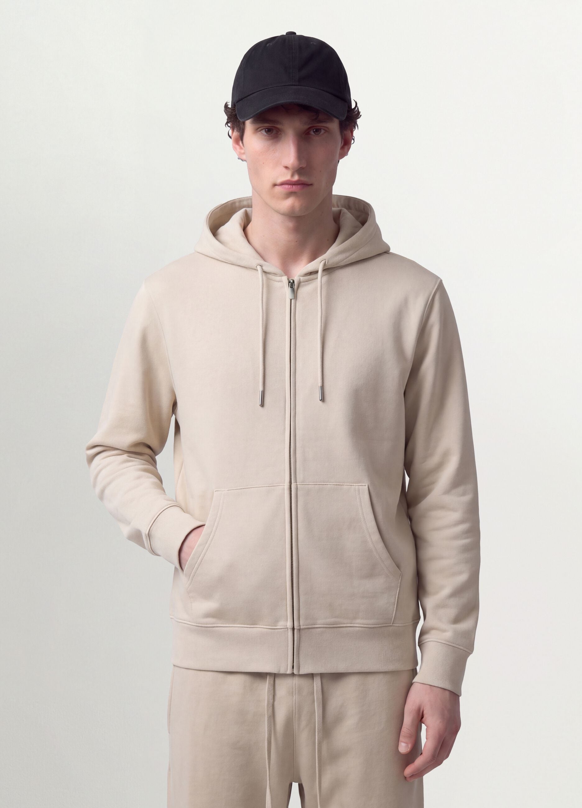 Beige full-zip cotton-blend hoodie, regular fit