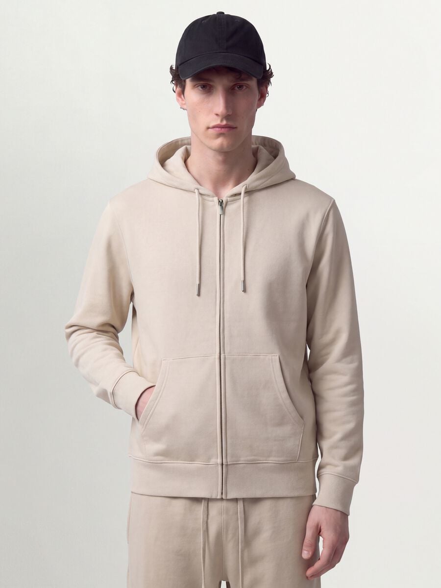 Beige full-zip cotton-blend hoodie, regular fit_0