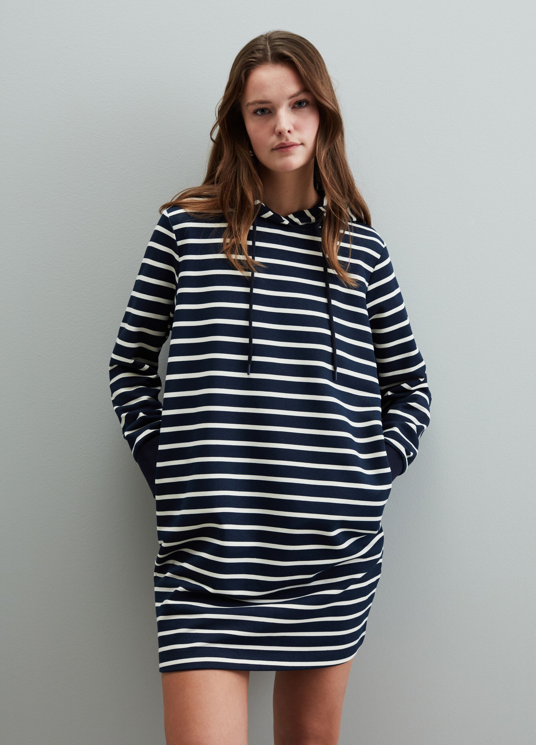 Striped fleece dress with hood