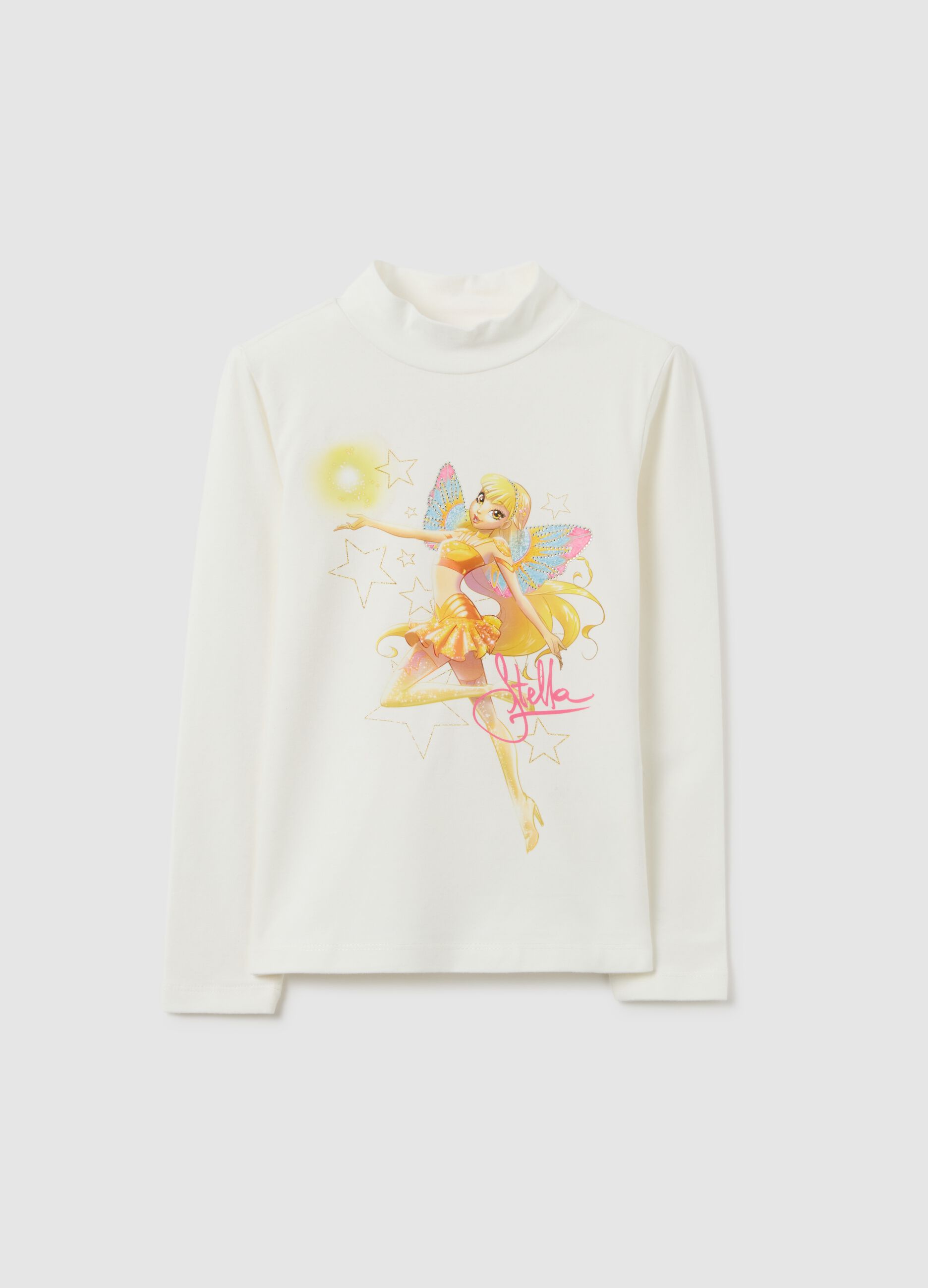 White stretch cotton girl's t-shirt, regular fit with print